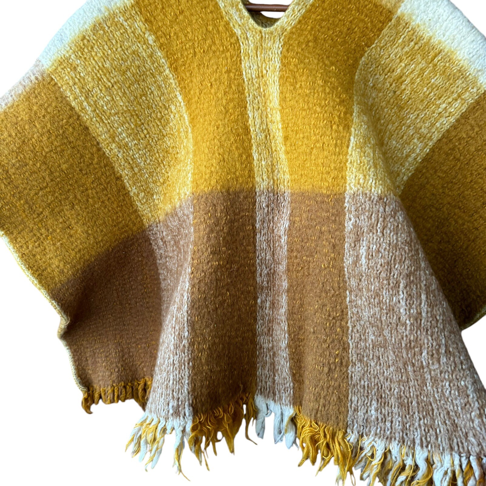Vtg Heavy Wool Blanket Poncho Plaid Fringe Gold Yellow Tan White