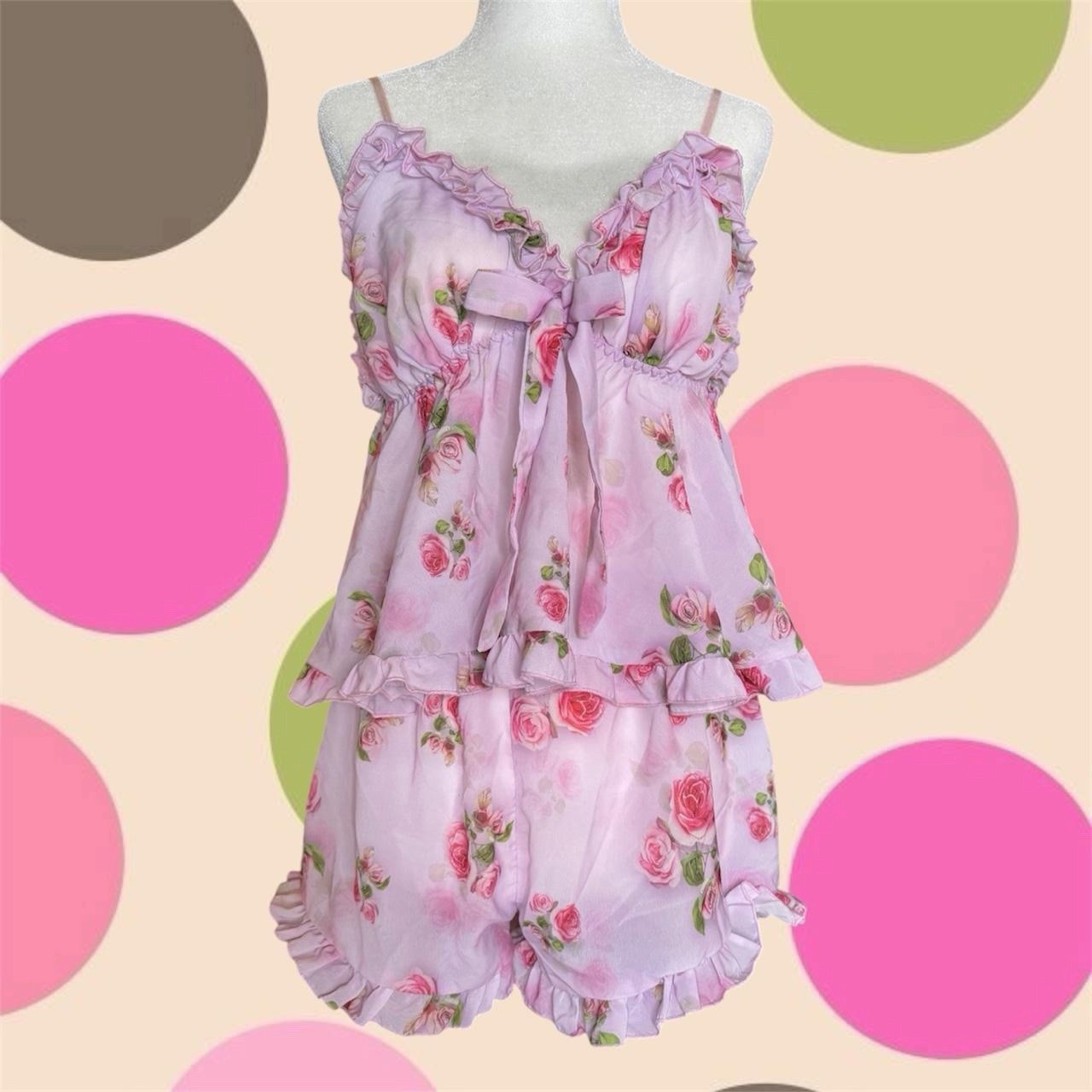 Vintage Floral 90s Y2K Pink Roses Pajama Set Lingerie Fairy Girly