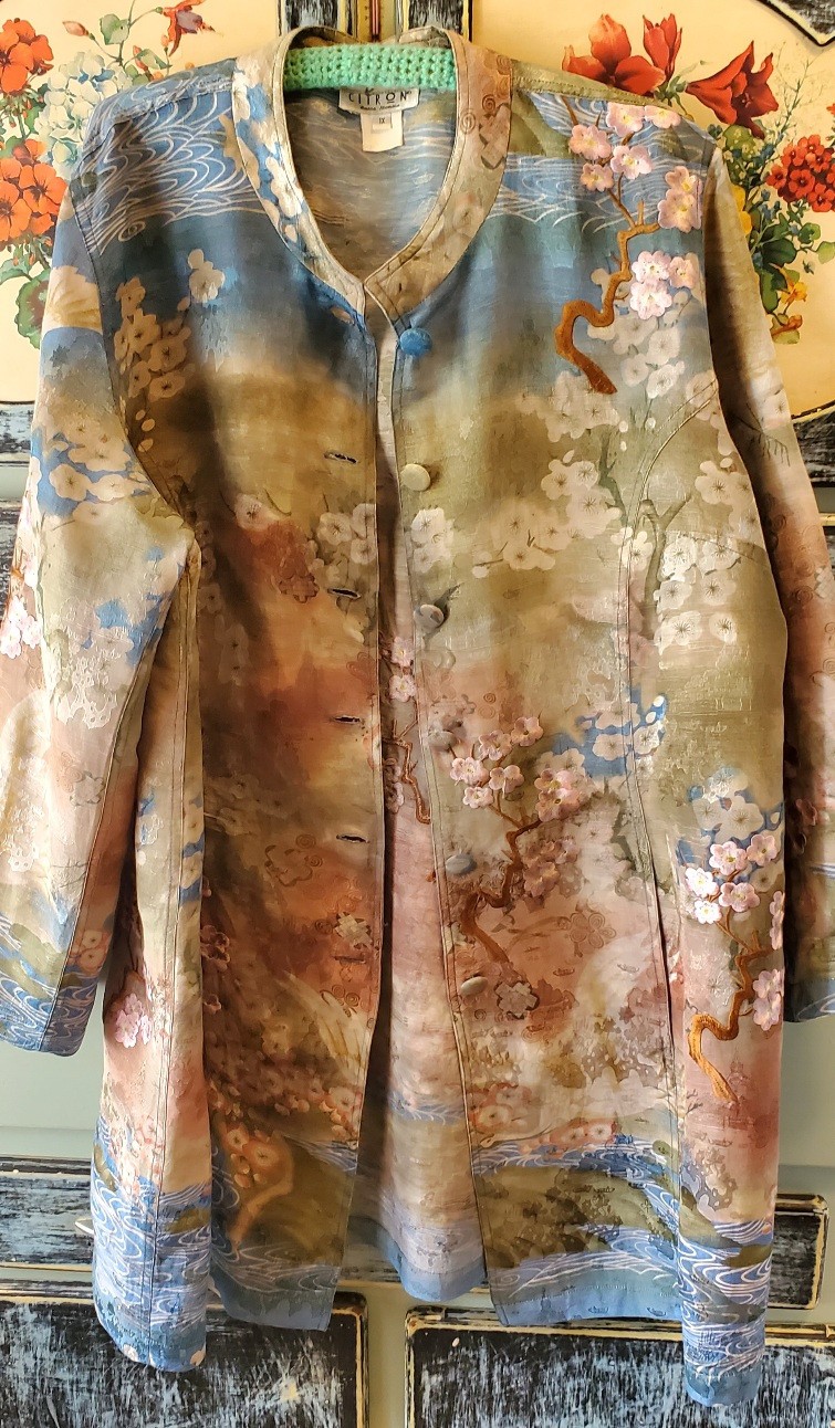 Vintage Citron Santa Monica Embroidered Silk Longer Jacket Wearable Art – Sz 1X
