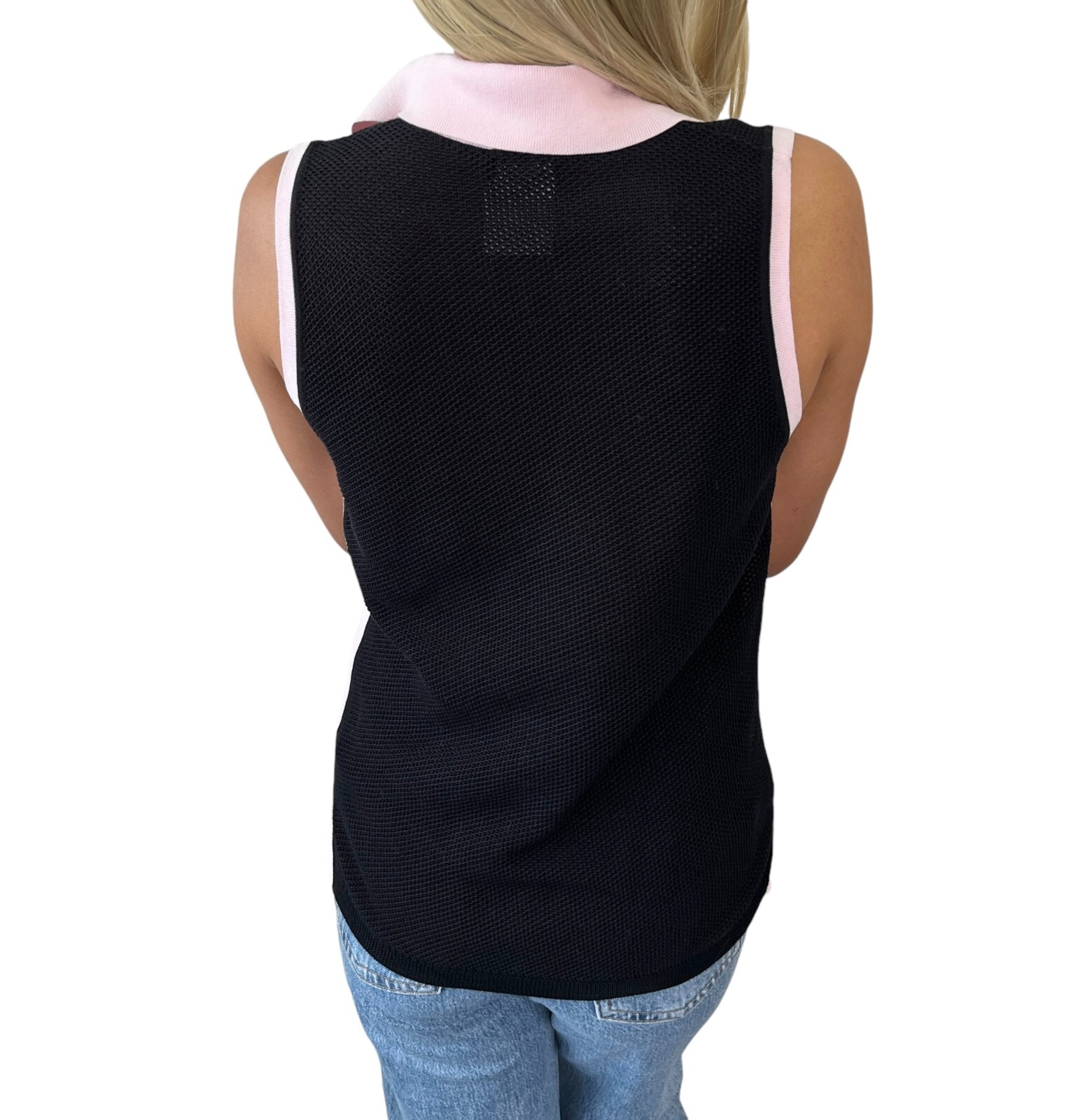 CHANEL Vintage 03P CC Logo Mesh Knit Tank Top #38 Black Pink Cotton Rank AB+