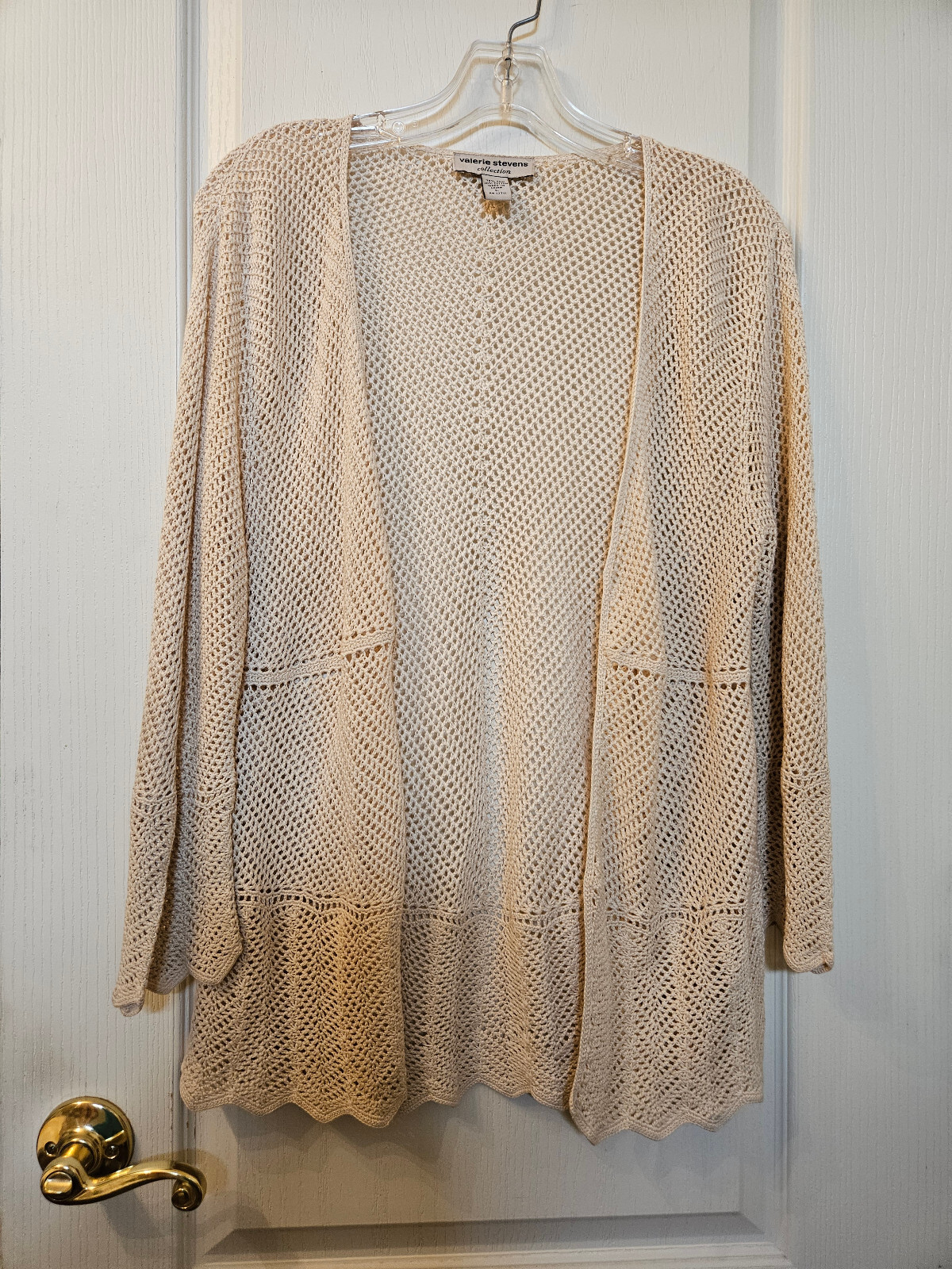 Vtg Valerie Stevens Women Vest Cardigan Crochet Beige 3/4 Sleeves Size Large