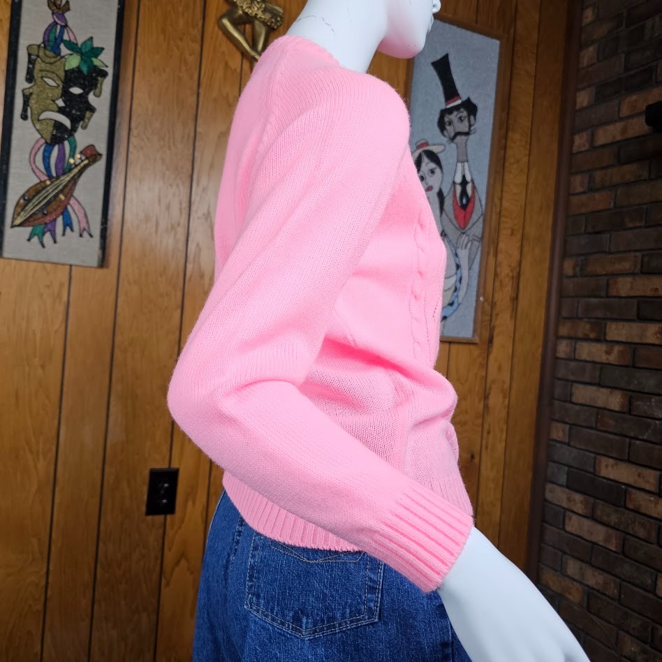 Vtg 60s Bubblegum Pink Grannycore Mod Pointelle Cable Knit Cardigan Sweater S/M