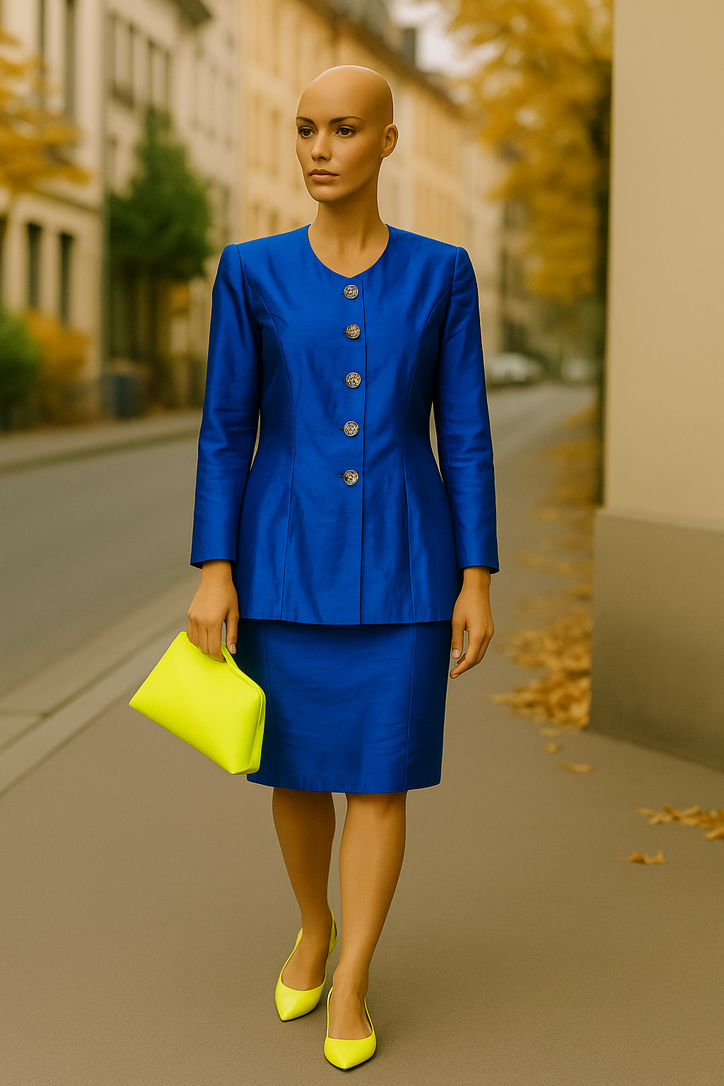Vintage Silk Costume Royal Blue 38 40 Blazer Coat Jacket Pencil Skirt 80s 90s