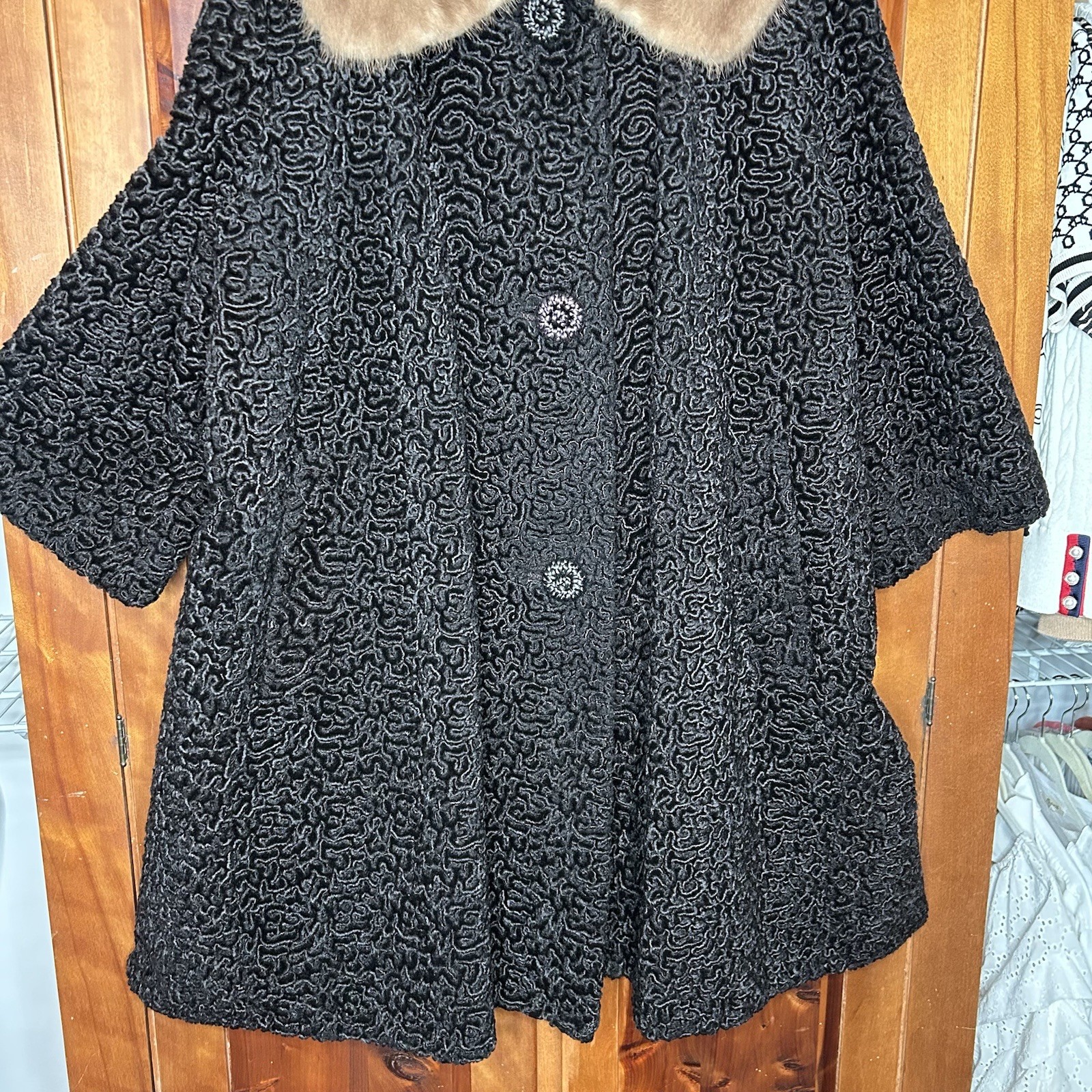 Vintage Astrakin Lepshire Longline Curly Persian Lamb Wool Coat with Mink Fur XL