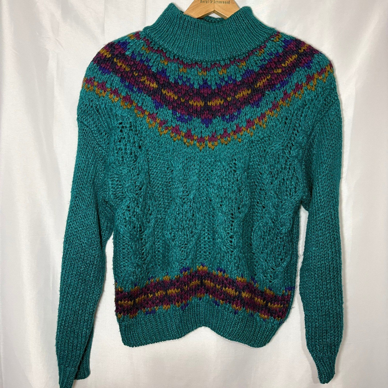 Vintage Jamie Scott Hand Knit Teal Fair Isle Sweater Mock Neck Heavy Ramie Large