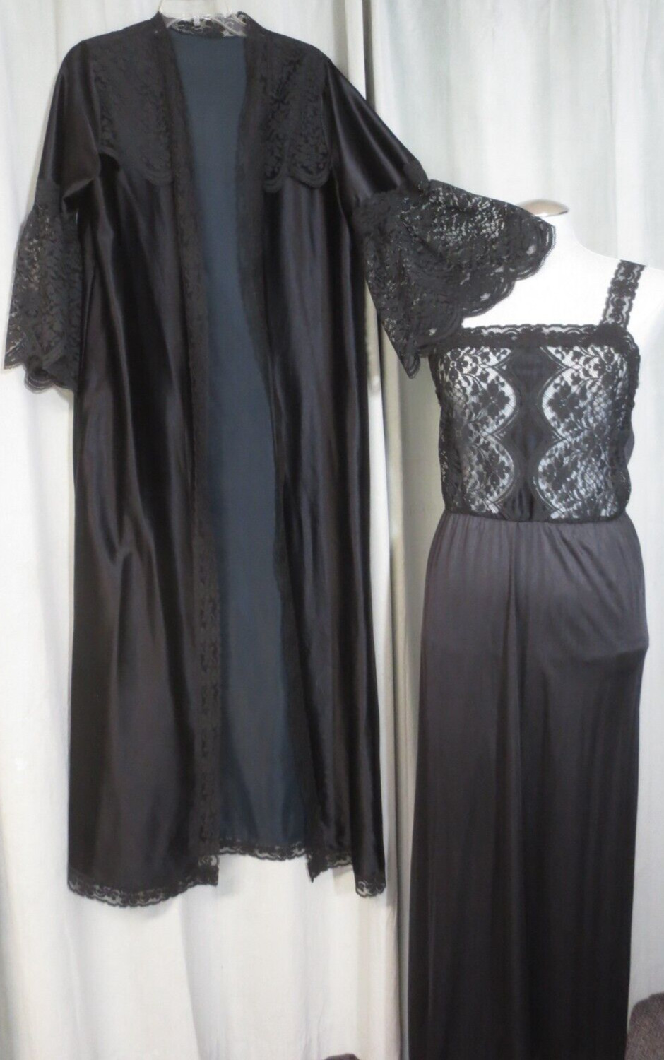 Vtg Jenelle Of California 2 Pc Sexy Black Peignoir Nightgown & Robe Small