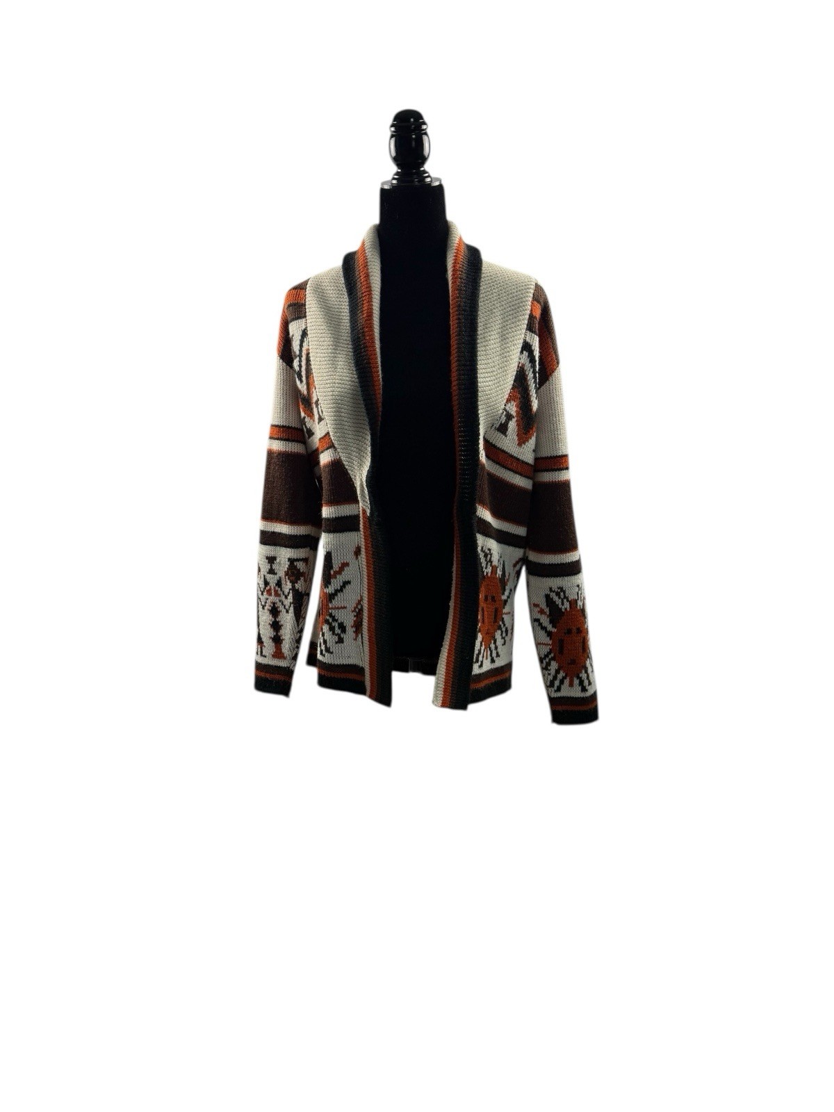 VTG Cardigan Sweater Aztec Knit Open Front Shawl Collar Earth Tones Sz S No Belt