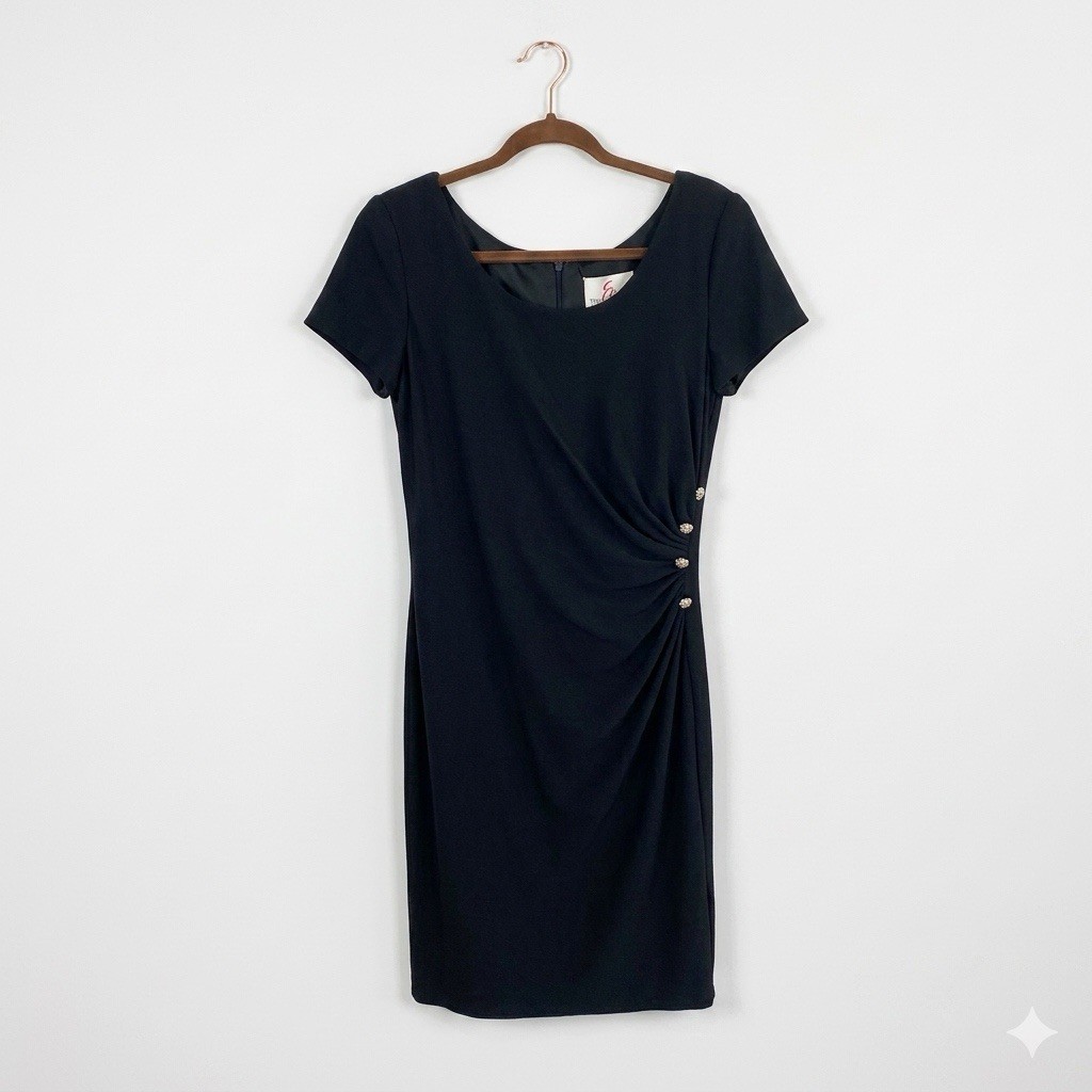 Vintage Francais by Huey Waltzer Black Ruched Sheath Dress Rhinestone Accent 12