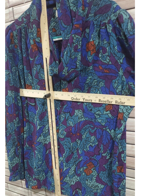 Y2K Pykettes Womens L Blouse Covered Buttons Blue Floral cowl neck long slee VTG