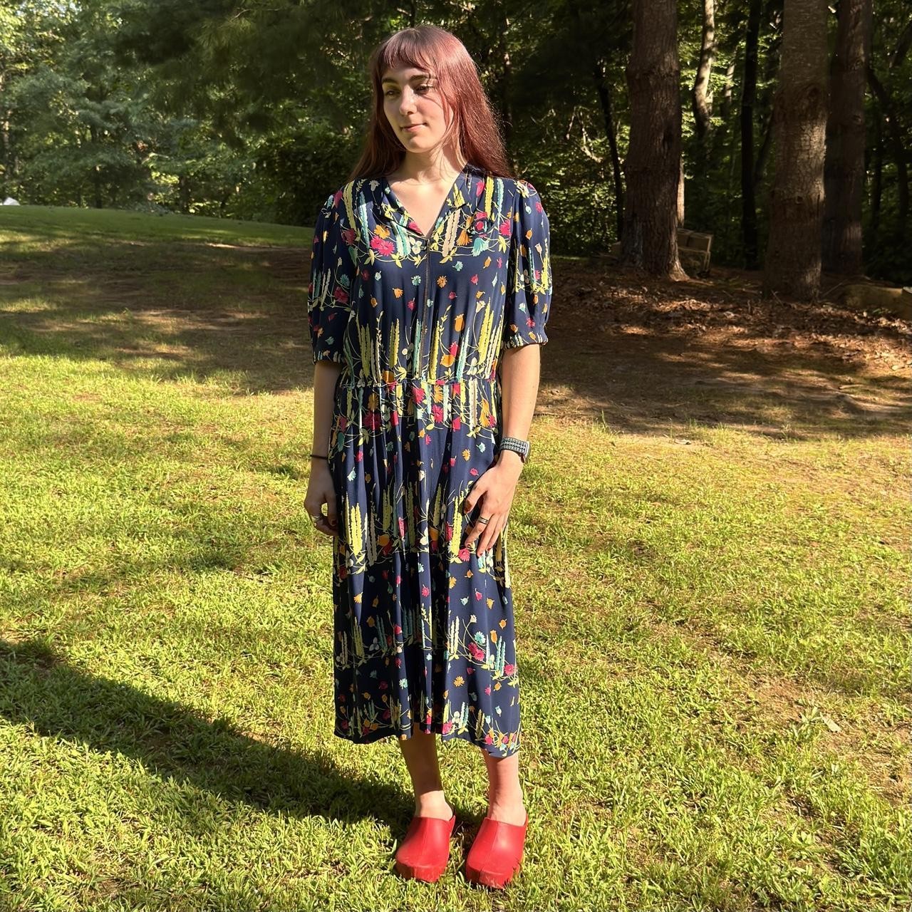 30s navy blue cold rayon crepe dress w/ colorful wildflower talon bell metal zip