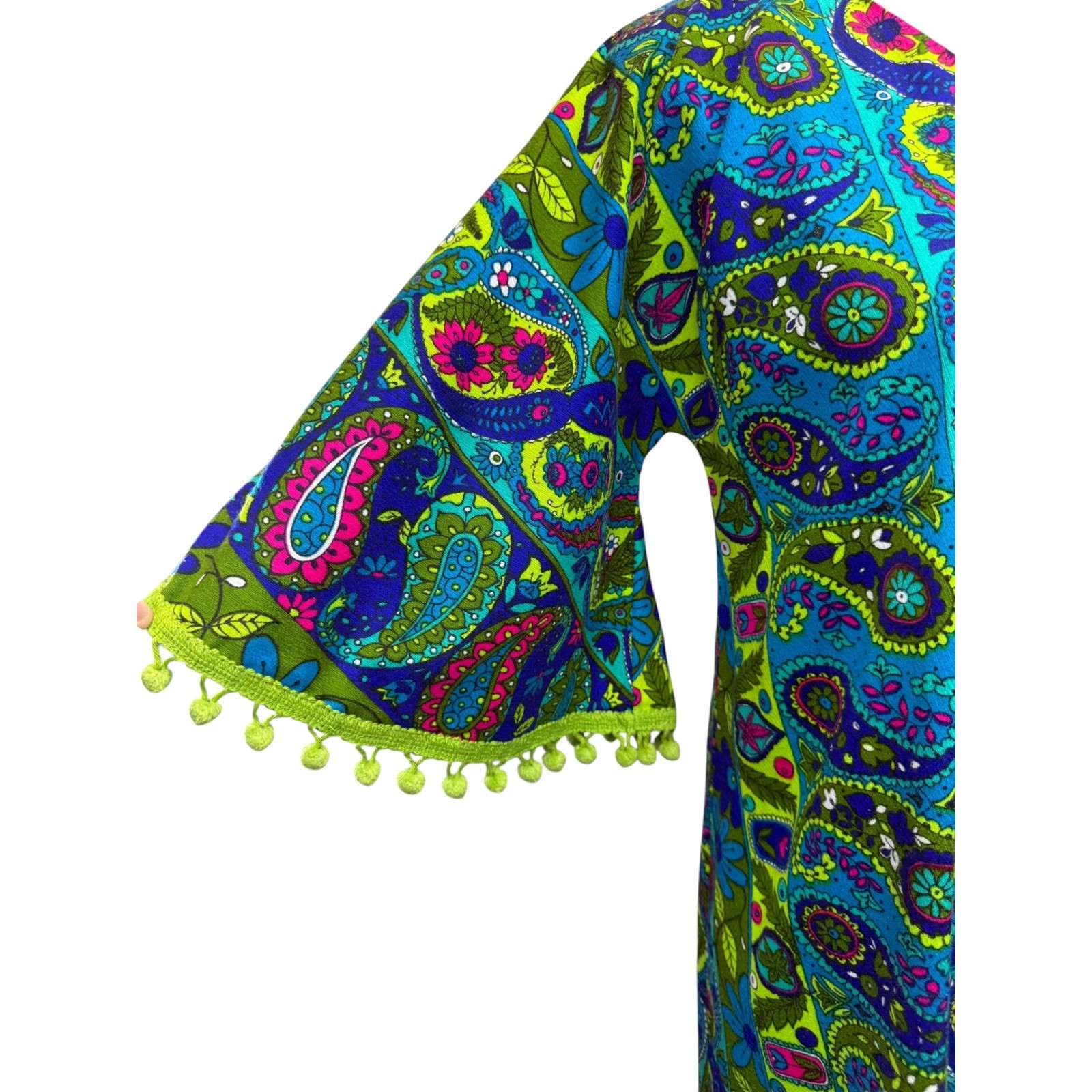 Vintage 60s Psychedelic Paisley Maxi Kaftan Dress Size S Blue Green Pom Pom Trim