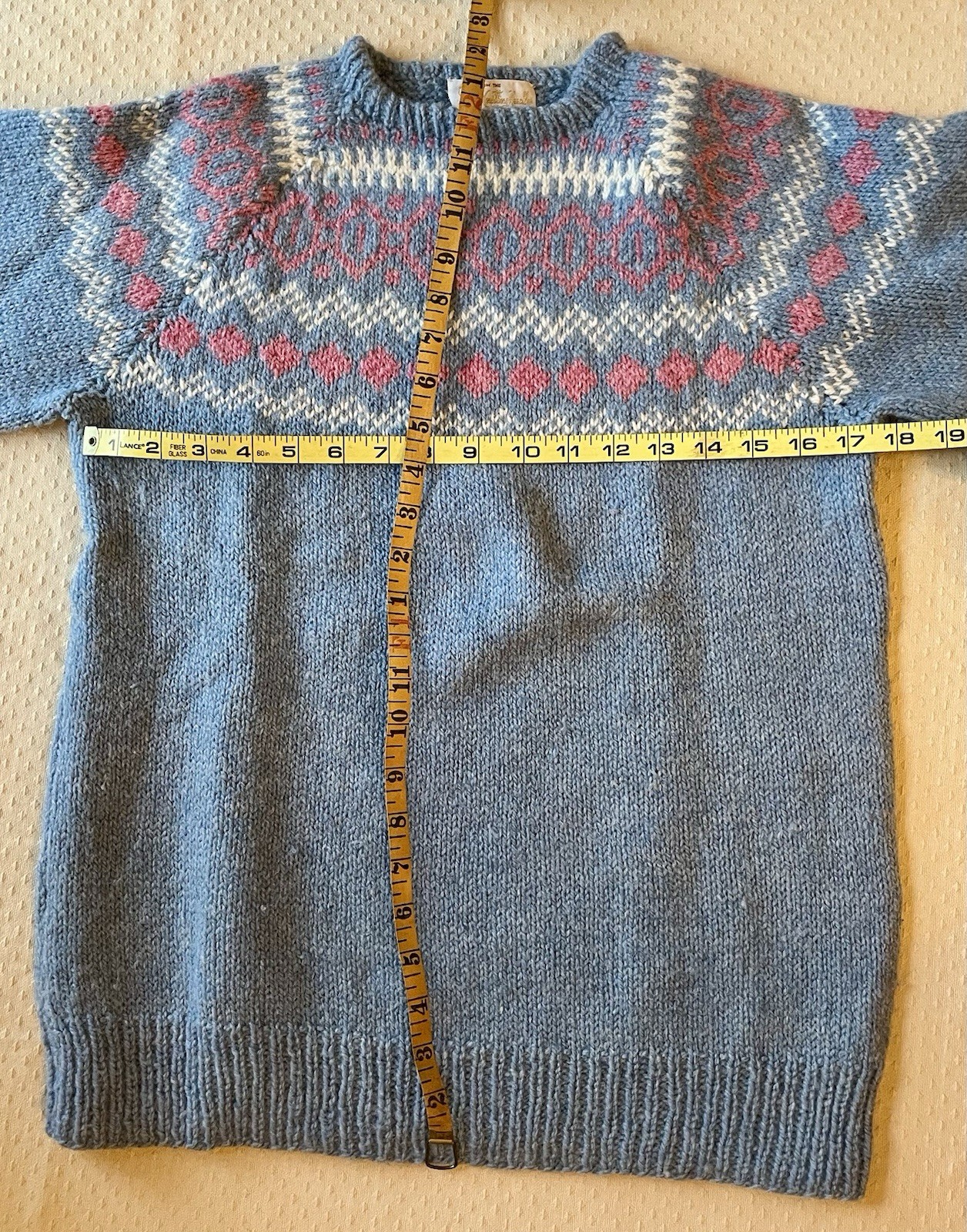 Vintage Hand Knitted Wool Pullover Sweater Woman’s Small Blue With Pink & White