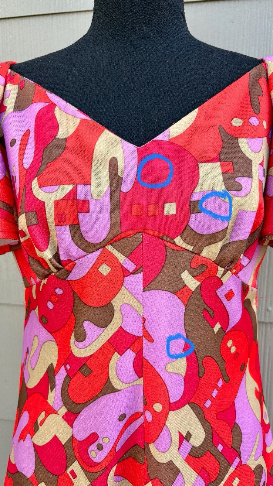 vtg 60s Colorful Geometric Print Flounce Sleeve Psychedelic A-Line Swing Dress