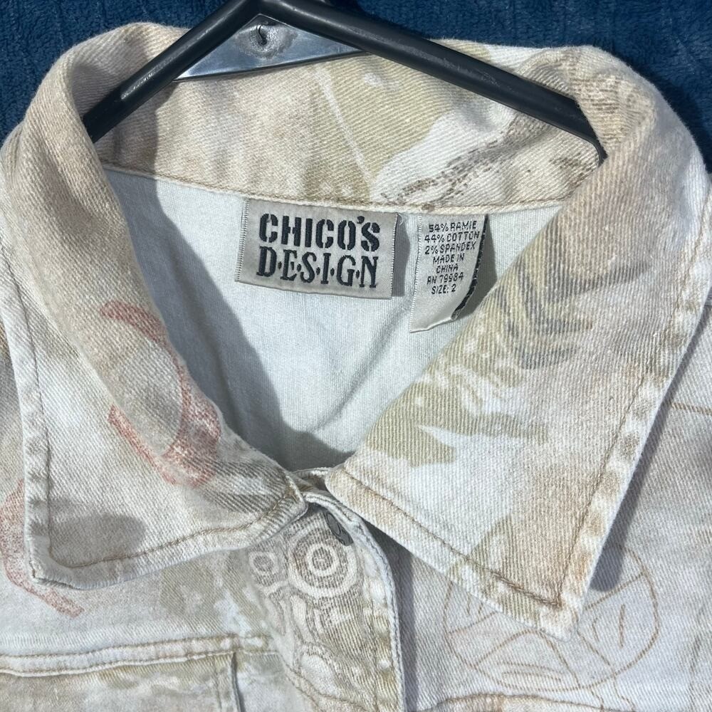 Vintage Chico’s 90’s Design Tribal Printed Beige Denim Jacket Womans Size 2
