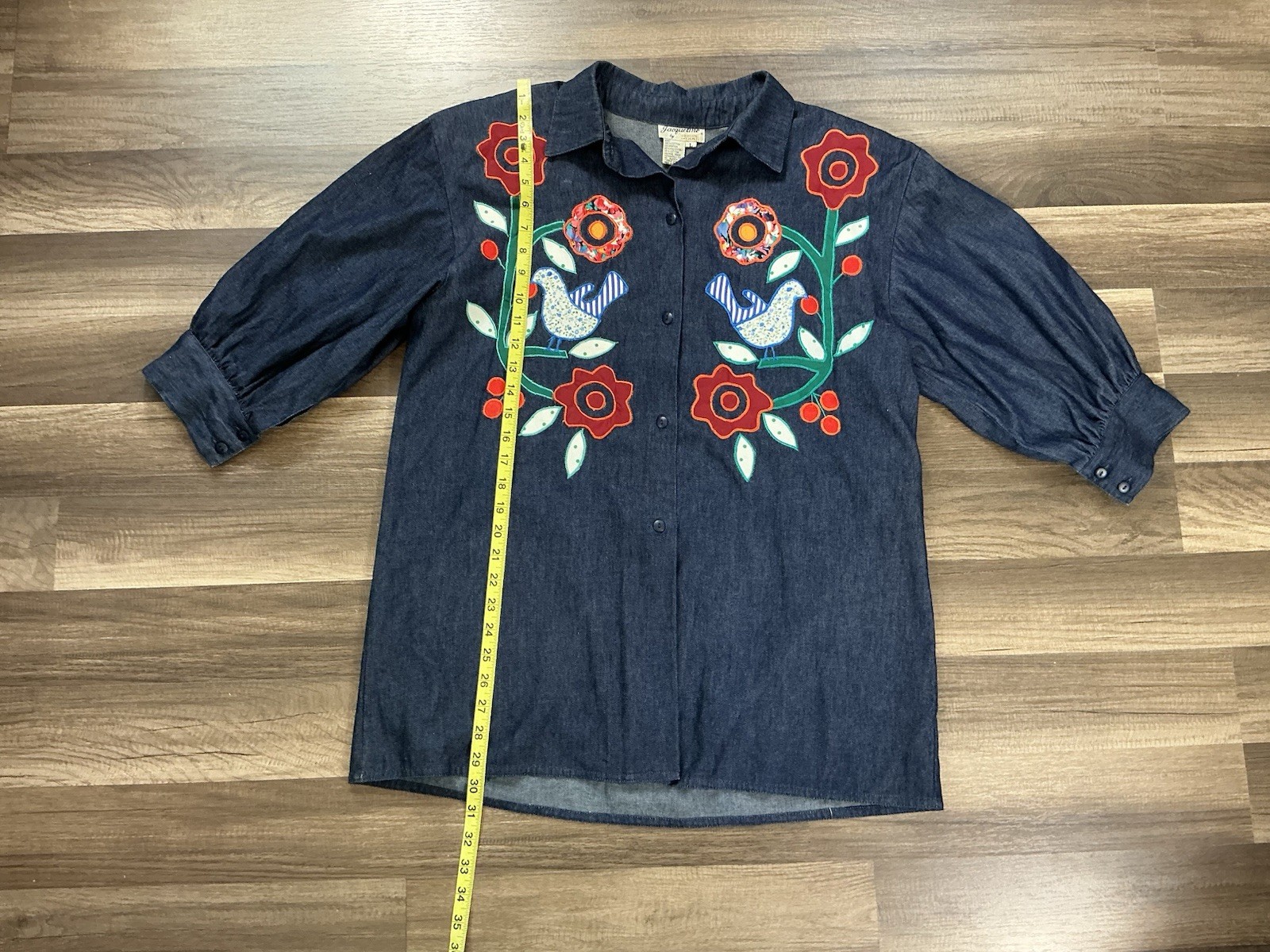 VTG Jacqueline Women’s Bird Floral Appliqué Denim Artsy Tunic L Boho Grandmacore
