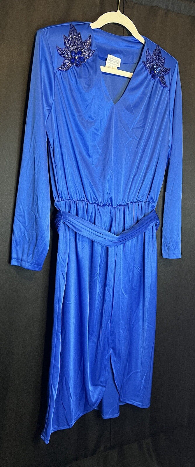 VTG Impromptu Belted Satin Chic Blue Dress Embellished Bejeweled Floral Accents