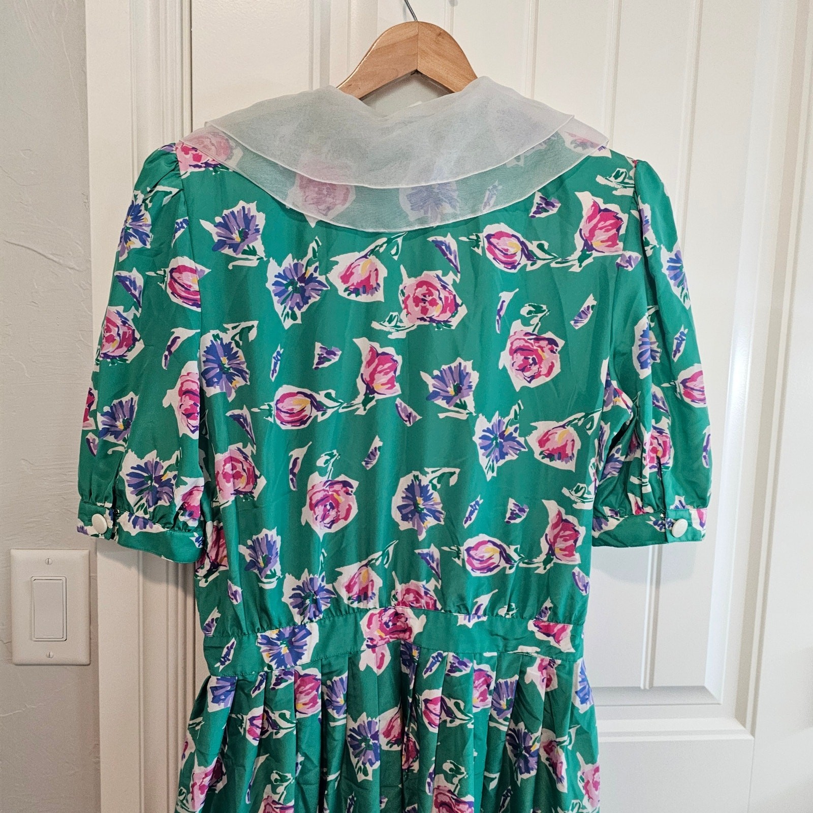 Vintage 90s Maggy Boutique Dress Women Sz 16 Green Floral Pleated Preppy Cottage
