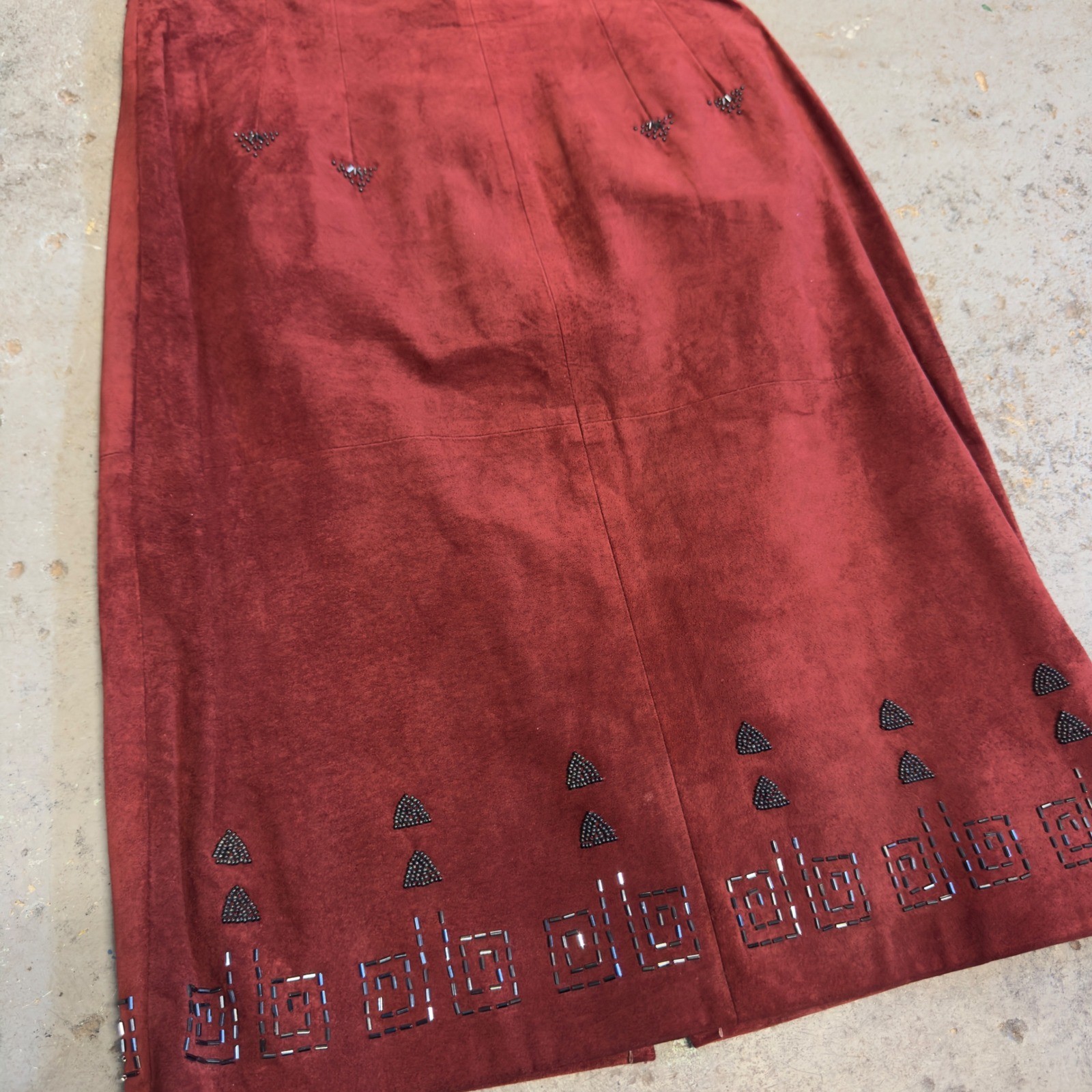 Pia Rucci Vintage Red Suede Leather Beaded Pencil Skirt Size 10 Rust Boho Midi