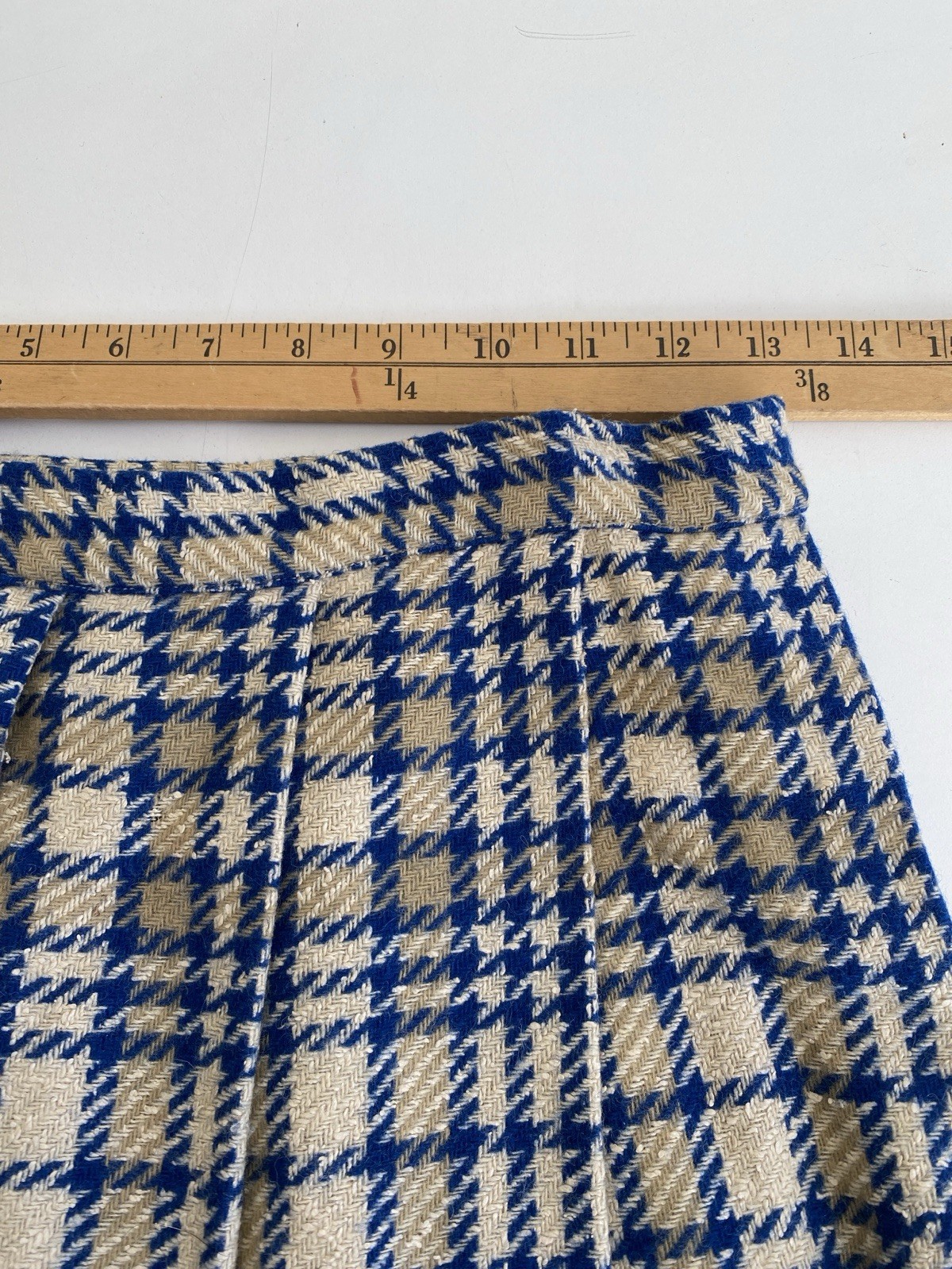 Vintage Handmade 50s S 100% Wool Pleated Full Skirt Blue Ivory Plaid