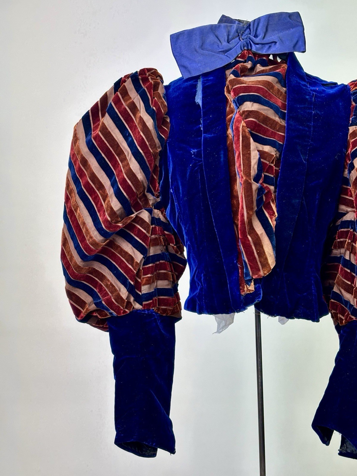 Antique Victorian Royal Blue Velvet Brown Stripes Jacket Leg of Mutton Sleeve