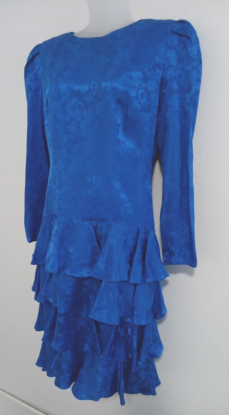 80’s Dress Size 10 Royal Blue 100% Silk Ruffles Modest Wedding Tea Party Granny