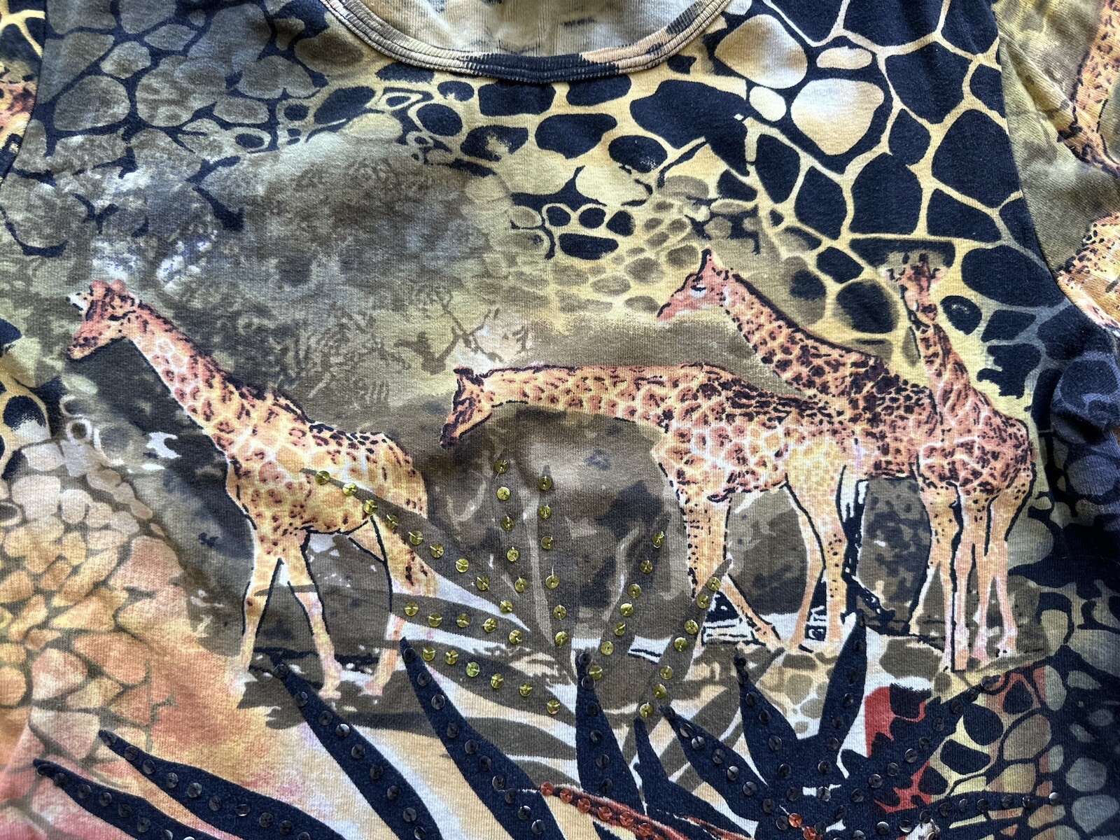 Vintage Y2K Take Two Abstract Giraffe Animal Print Sequin 3/4 Sleeve Top Size M