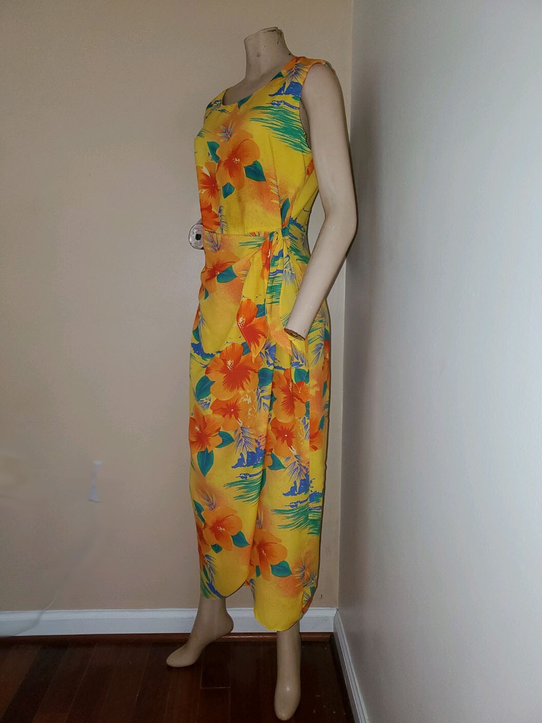 Vintage 80s 90s K.C. Spencer Yellow/Orange Tropical Floral Hawaiian Faux Wrap Ma