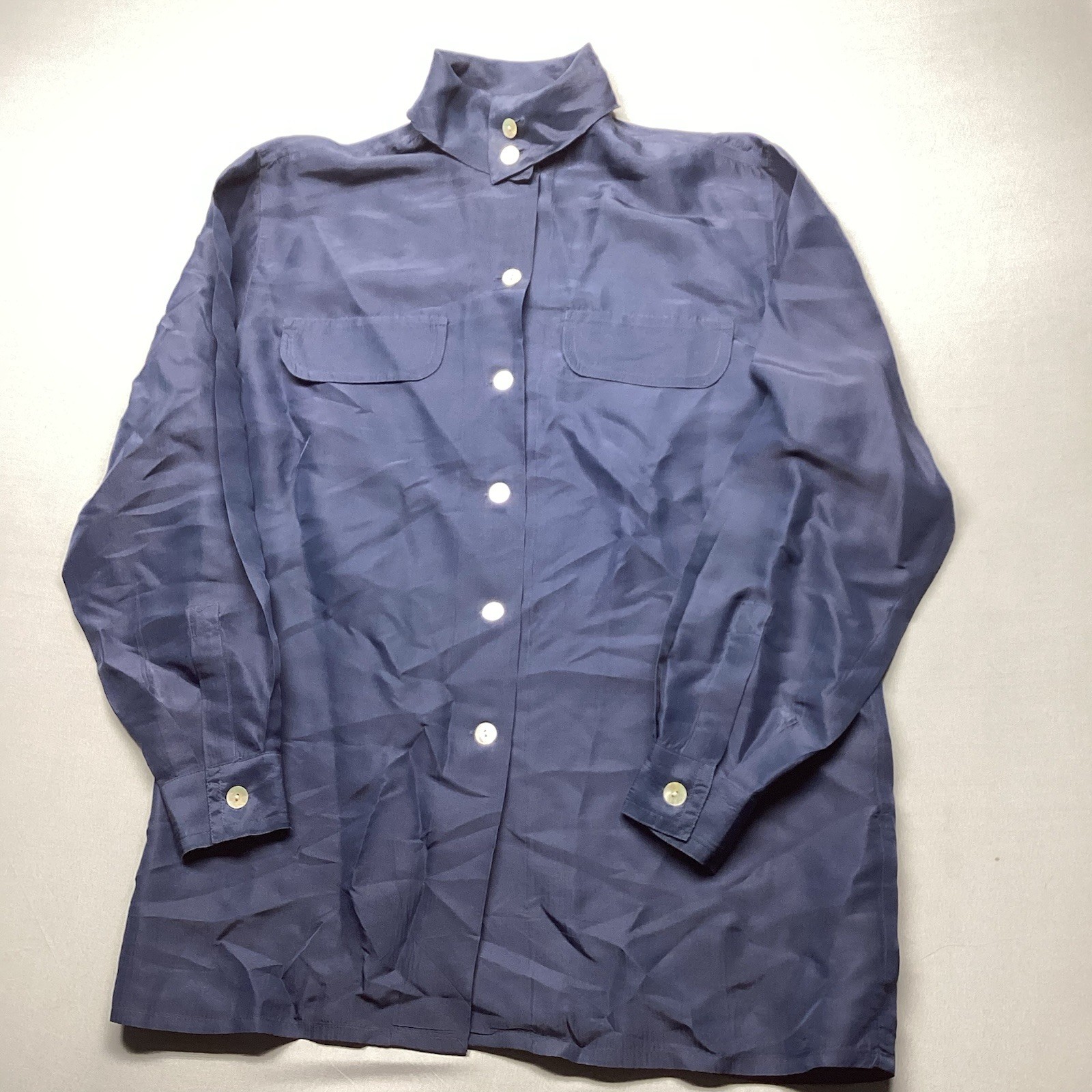 Vintage Angelica Gussone Made in Italy 100% Silk Blue Long Sleeve Blouse Size 38