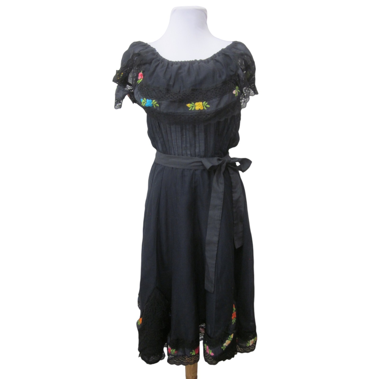 VTG Handmade Black w/ Mutli Color Flower Embroidery Lace Trim Dress MEXICO Sz S