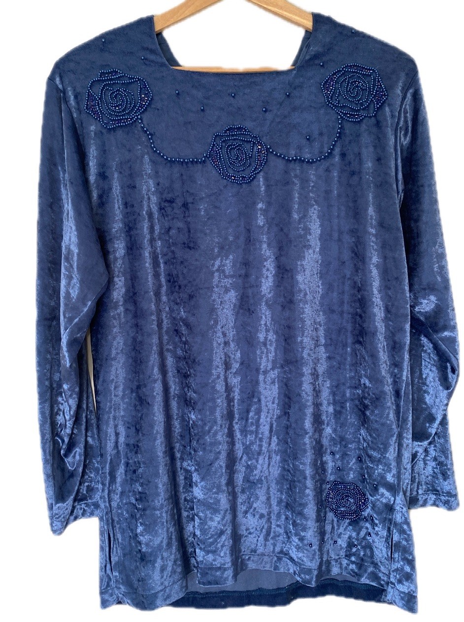 Vintage Lacy After Noon Blue Crushed Velvet Rose Beaded Long Sleeve Top Sz M