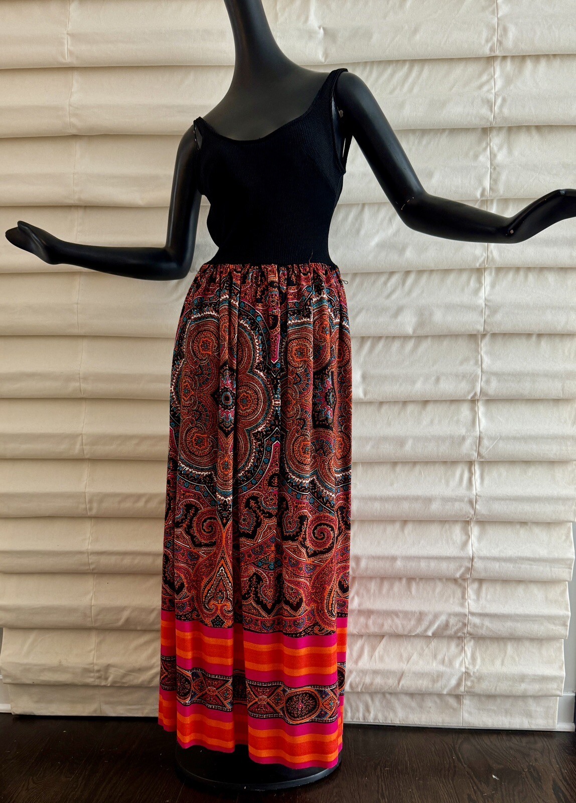 Vtg MOD 60s 70s Paisley Black Stretch Maxi Long Swim Hawaiian Dress Tiki Oasis