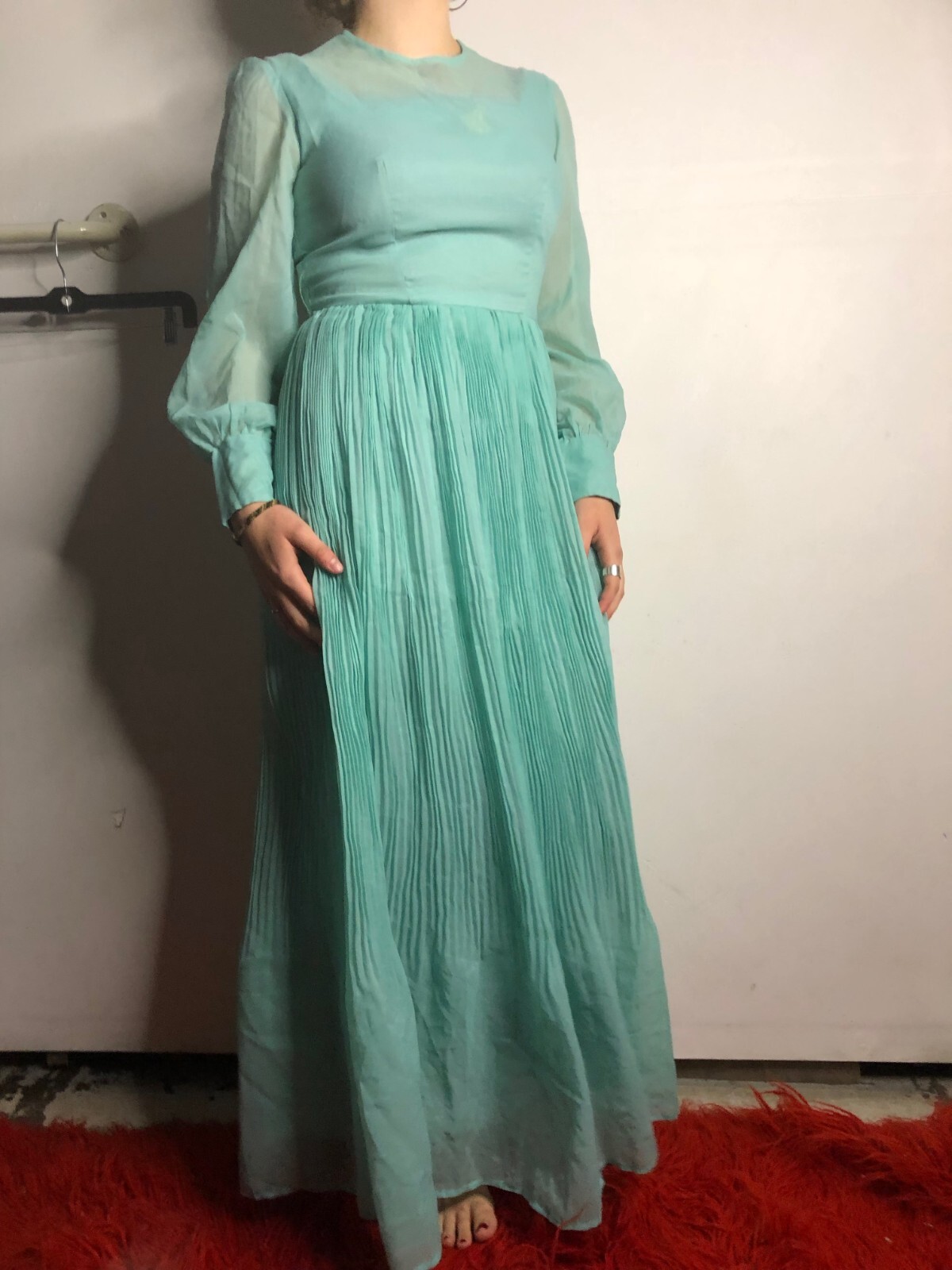 Vintage 1980s Teal Blue Kaftan Dress Chiffon Sleeves Prairie Boho AU 14 16