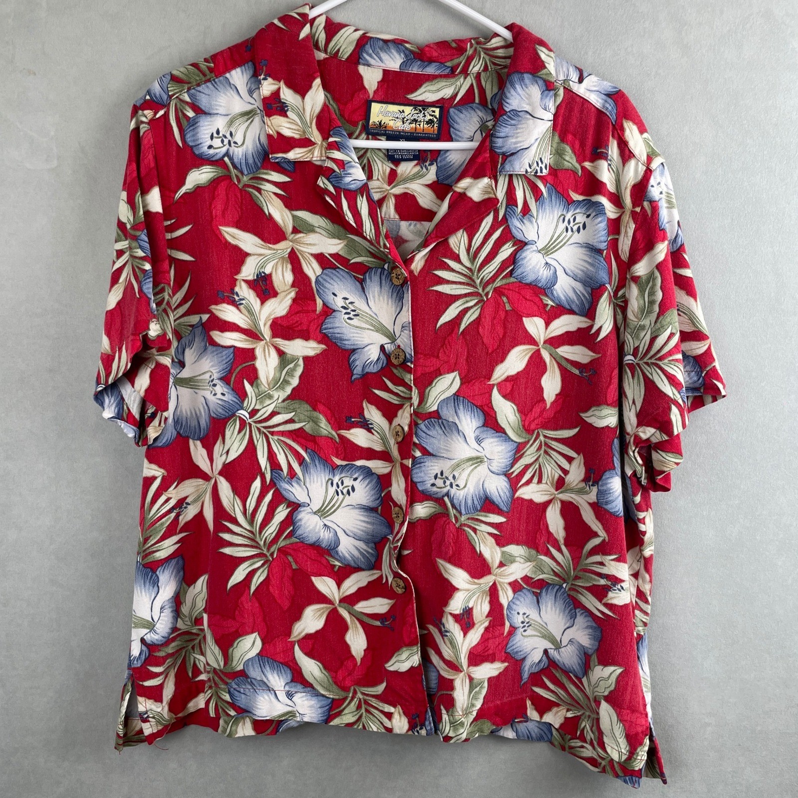 Vtg Havana Jacks Cafe XL Red Floral Hibiscus Rayon Hawaiian Camp Shirt Tropical