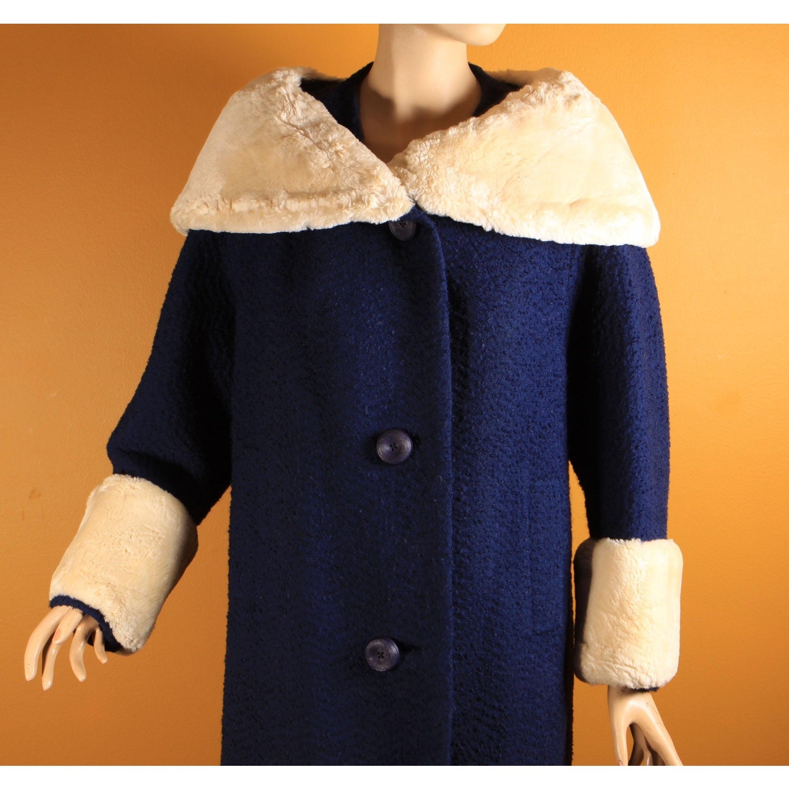 1950s Blue Long Sleeve Cream Sheared Chinchilla Fur Cuff Collar Coat by Adler’s