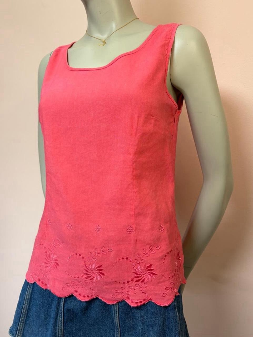 Vintage 90s Y2K Coral Pink Embroidered Scallop Hem Tank Top Shell Cottagecore S