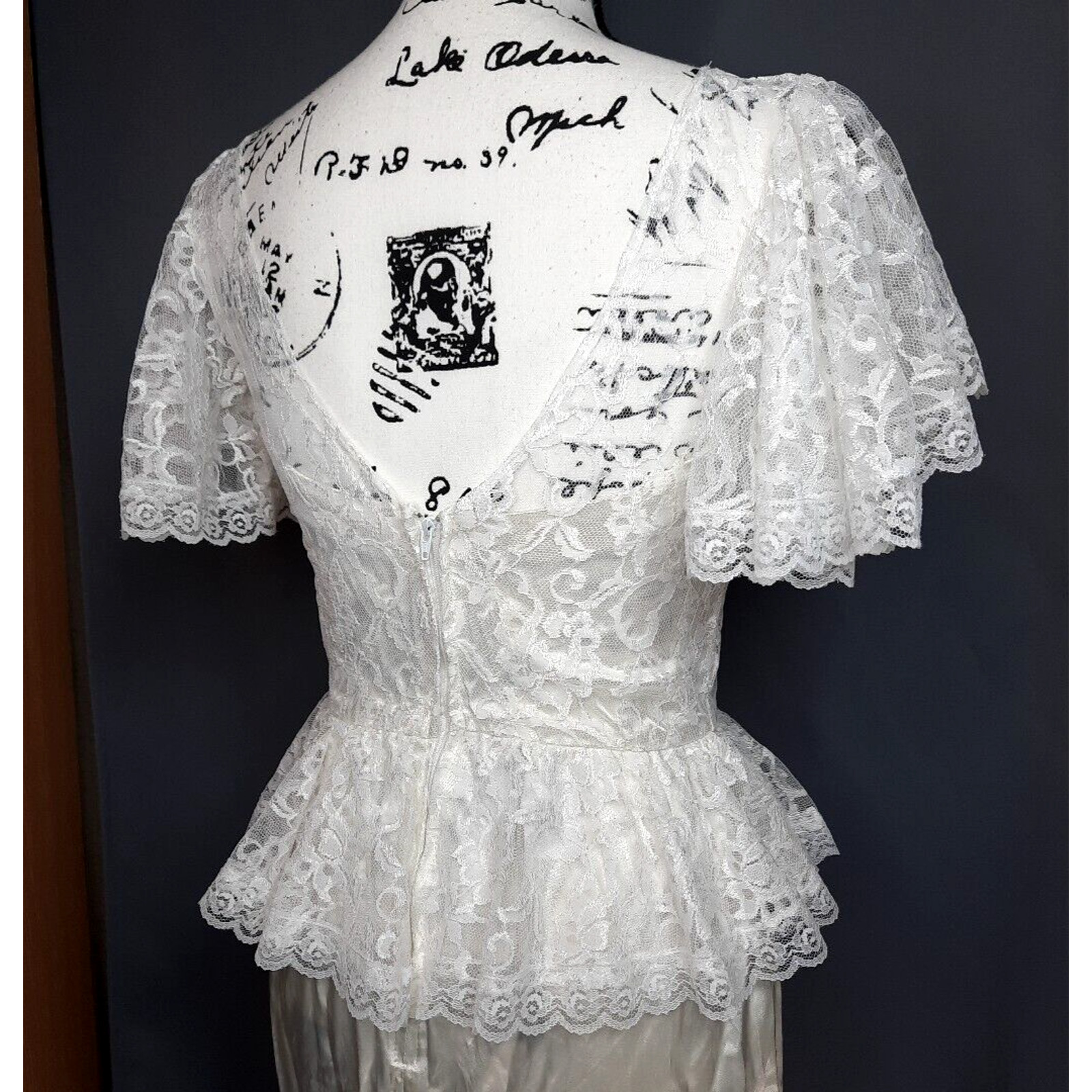 Vtg Diamonds Run Lace Puff Sleeve Peplum Satin Midi Dress Size 8 White Coquette