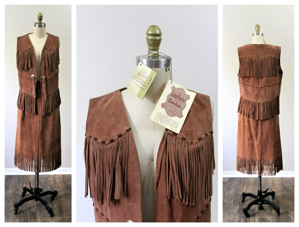 Vtg 50s H Bar C Western California Ranchwear Fringe leather Skirt Vest Set TAGS!