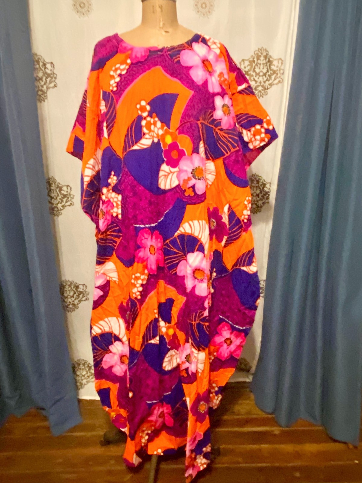 Vintage McInerny Psychedelic OPEN SIDES Hawaiian Maxi Coverup Caftan Dress L