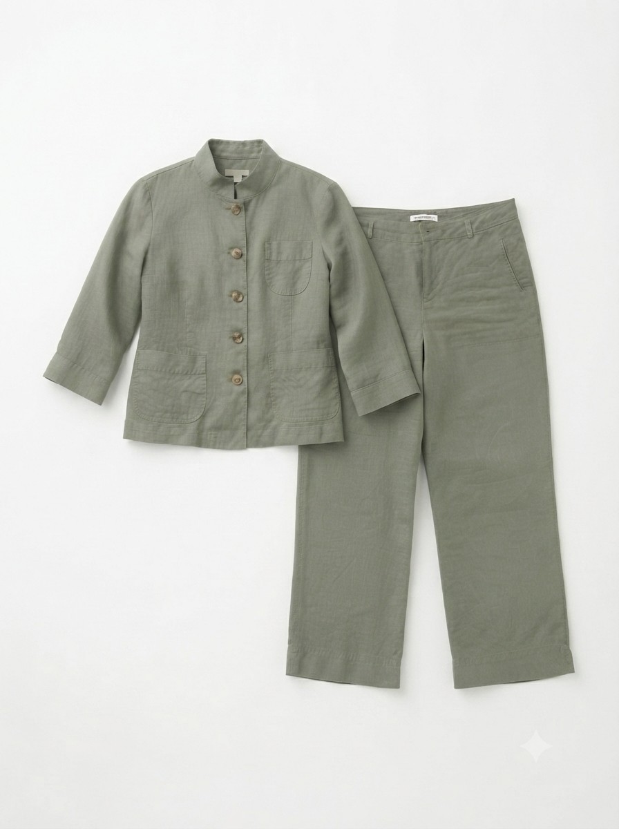 Vintage Cherokee Linen Set Jacket Button Up 3/4 Sleeve & Cropped Pants size 6