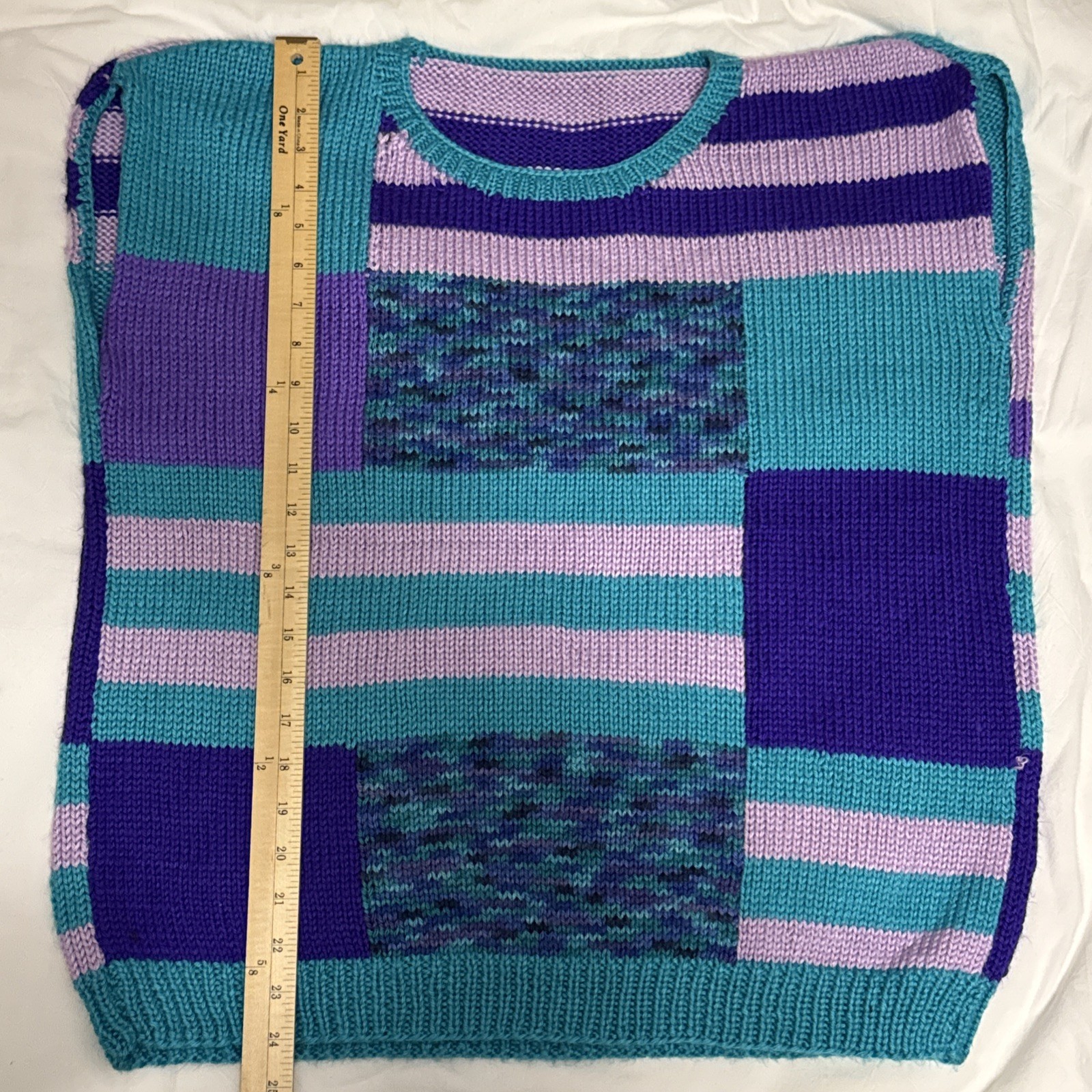 Vintage Handmade Knitted Purple Turquoise Colorblock Sleeveless Sweater Vest XL