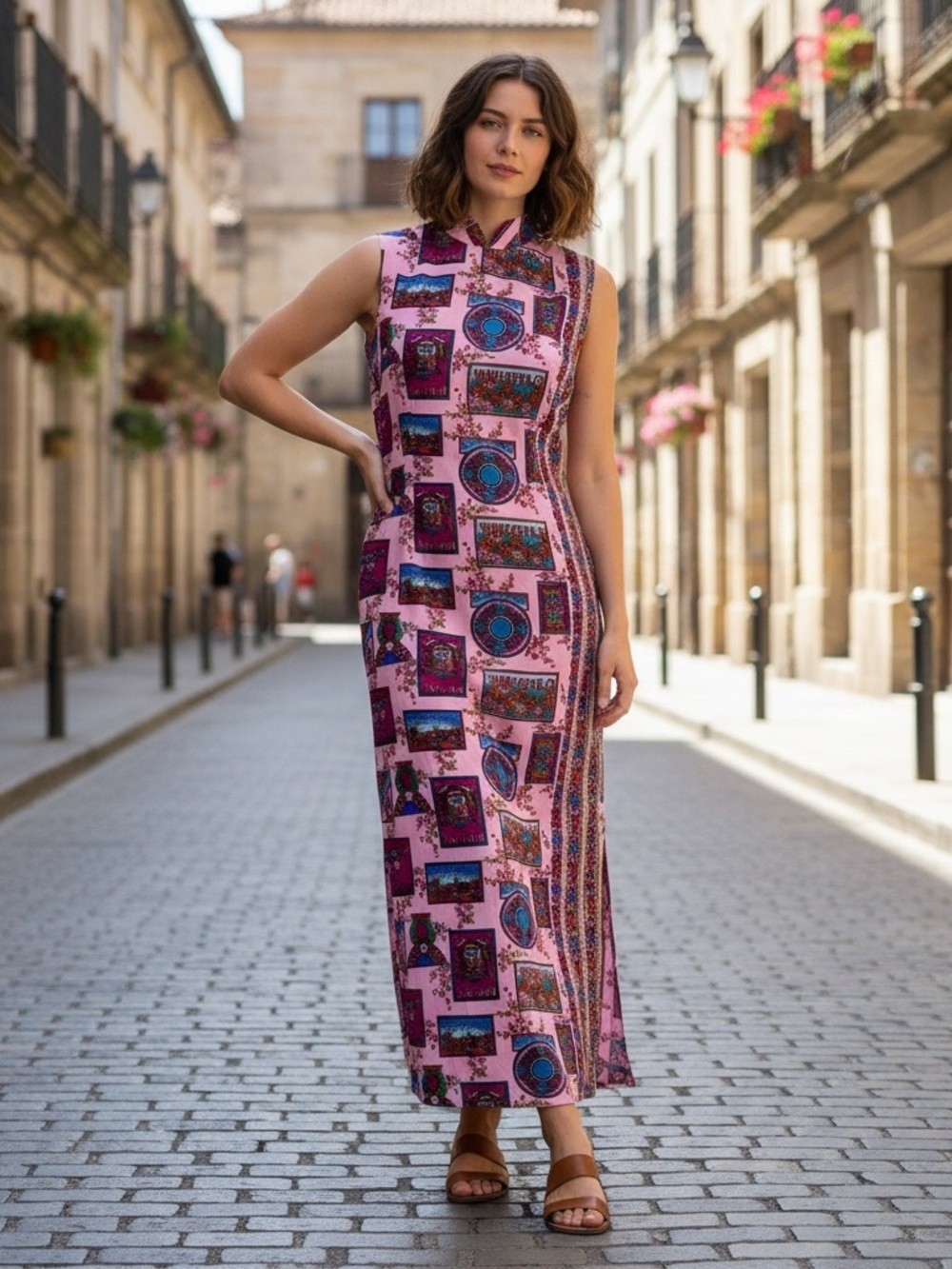 Vintage Pink & Purple Sleeveless Printed Maxi Dress