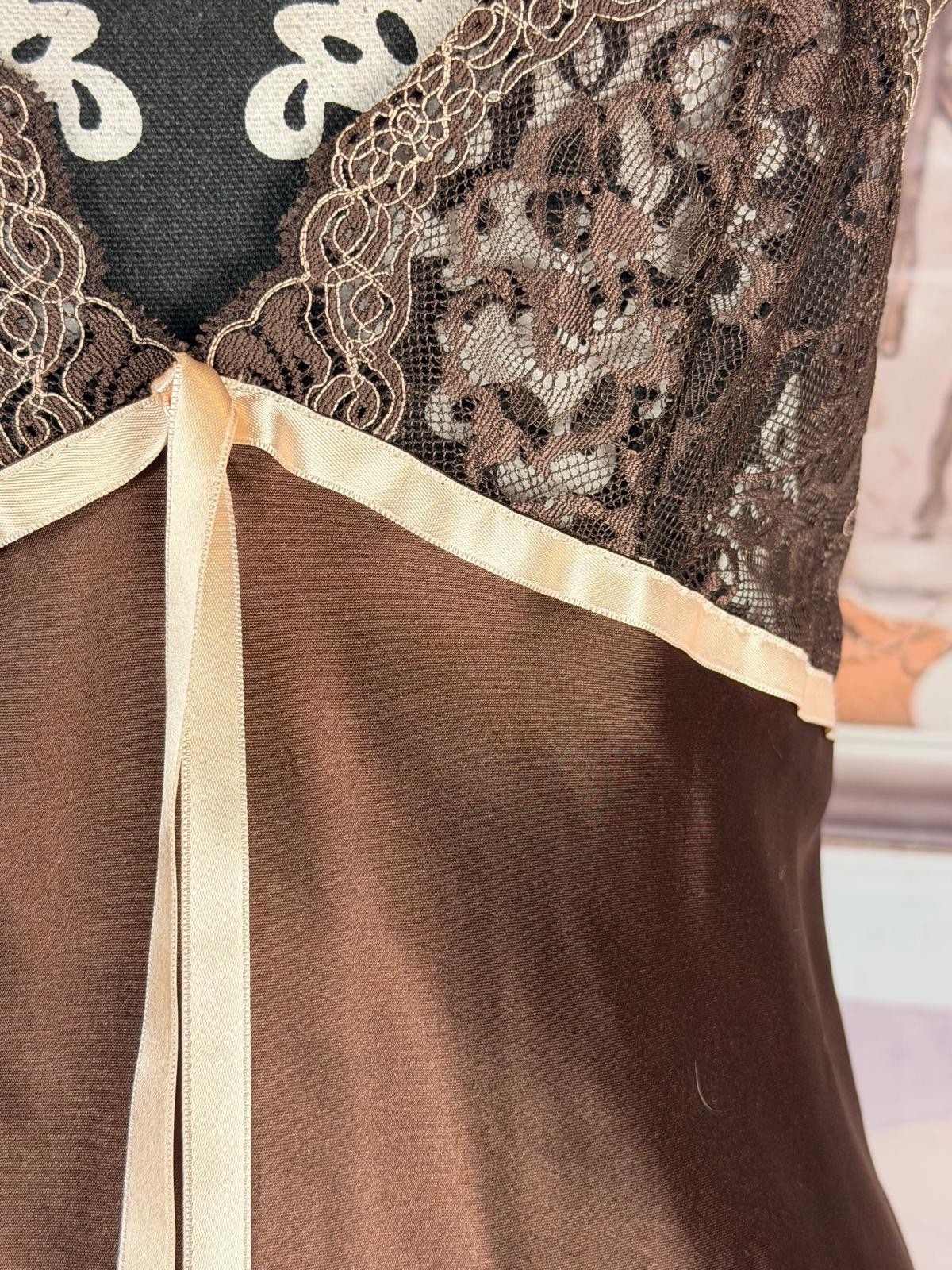 Mis. Andra Lingerie Made in Italy Brown Satin Floral Laced Ribboned Nightdress 2