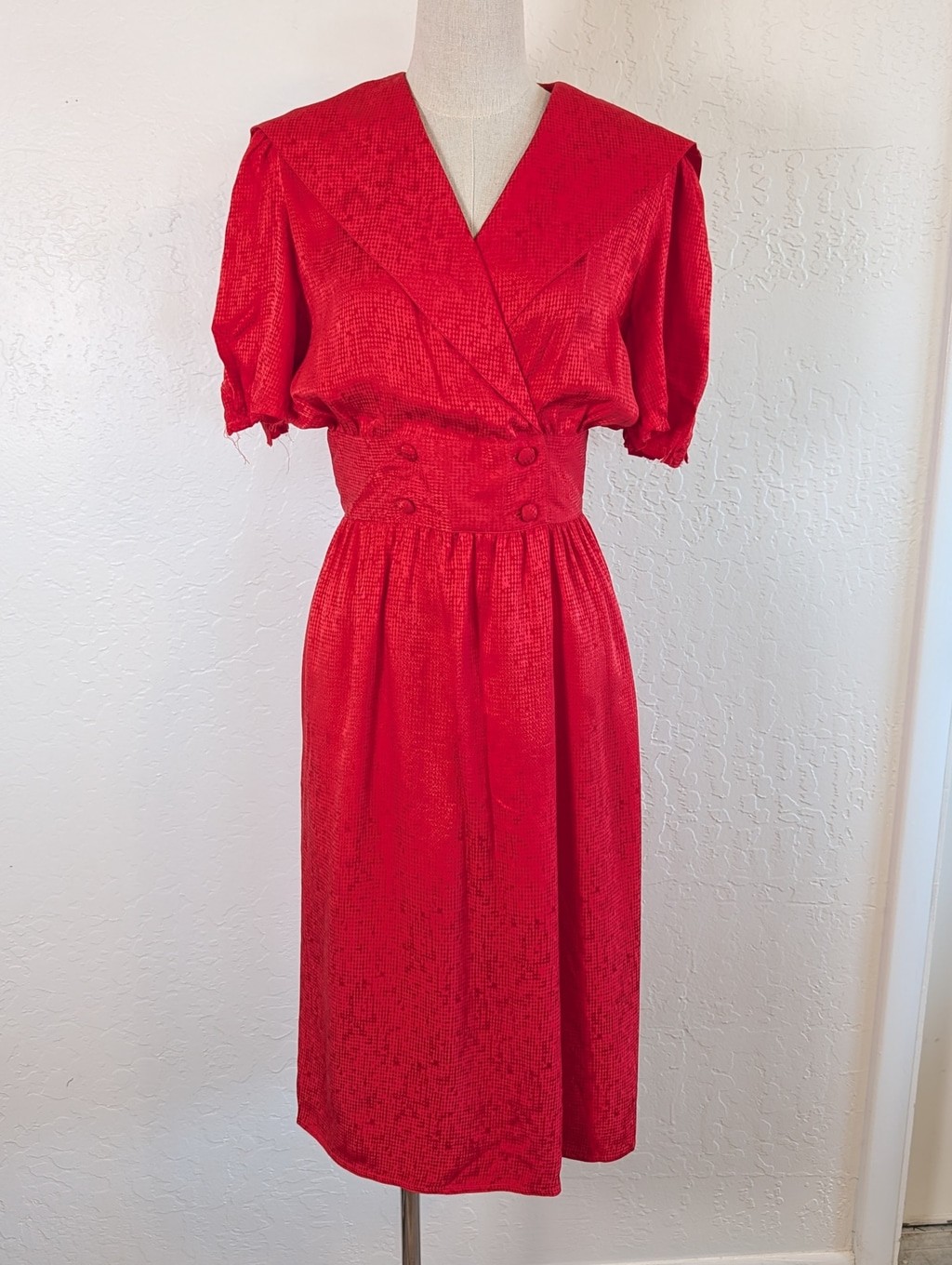 Vintage 80s Red Silk Dress Wrap Bodice Puff Sleeve Midi Cummerbund Waist