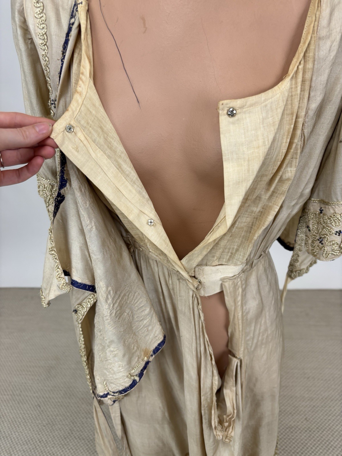 Antique Edwardian 1910s Beige Silk Day Dress Cording Blue Beads Wrap Bodice