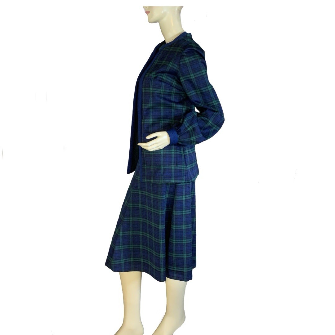 VINTAGE CIRCA 1960’S VOGUE COUTURIER BLUE PLAID DRESS & JACKET SET APPX MED