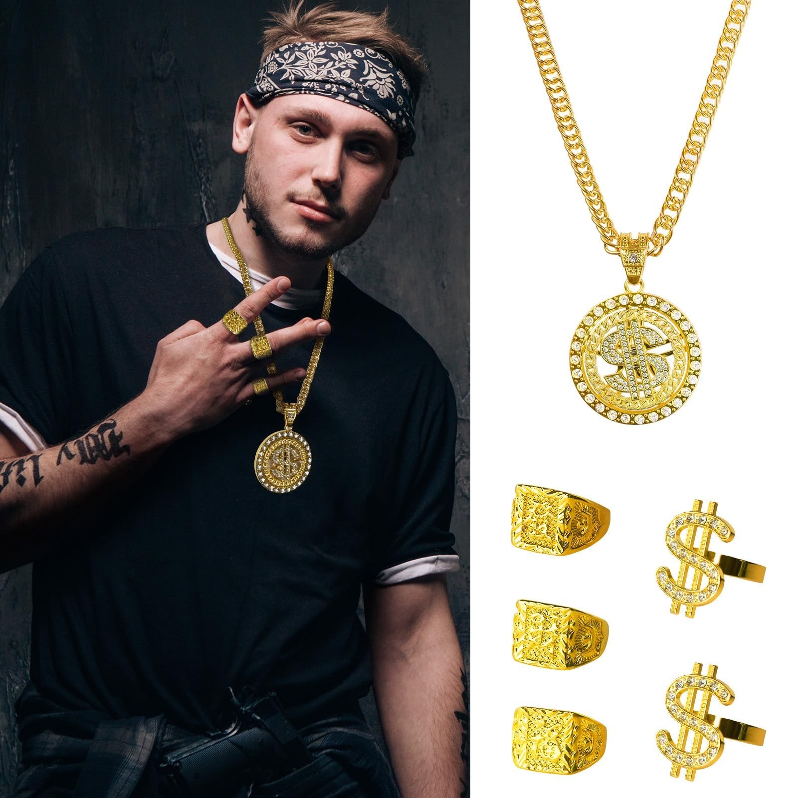 80s 90s Hip Hop Costume Kit – Rapper Accessories for Men & Women, Cosplay Party