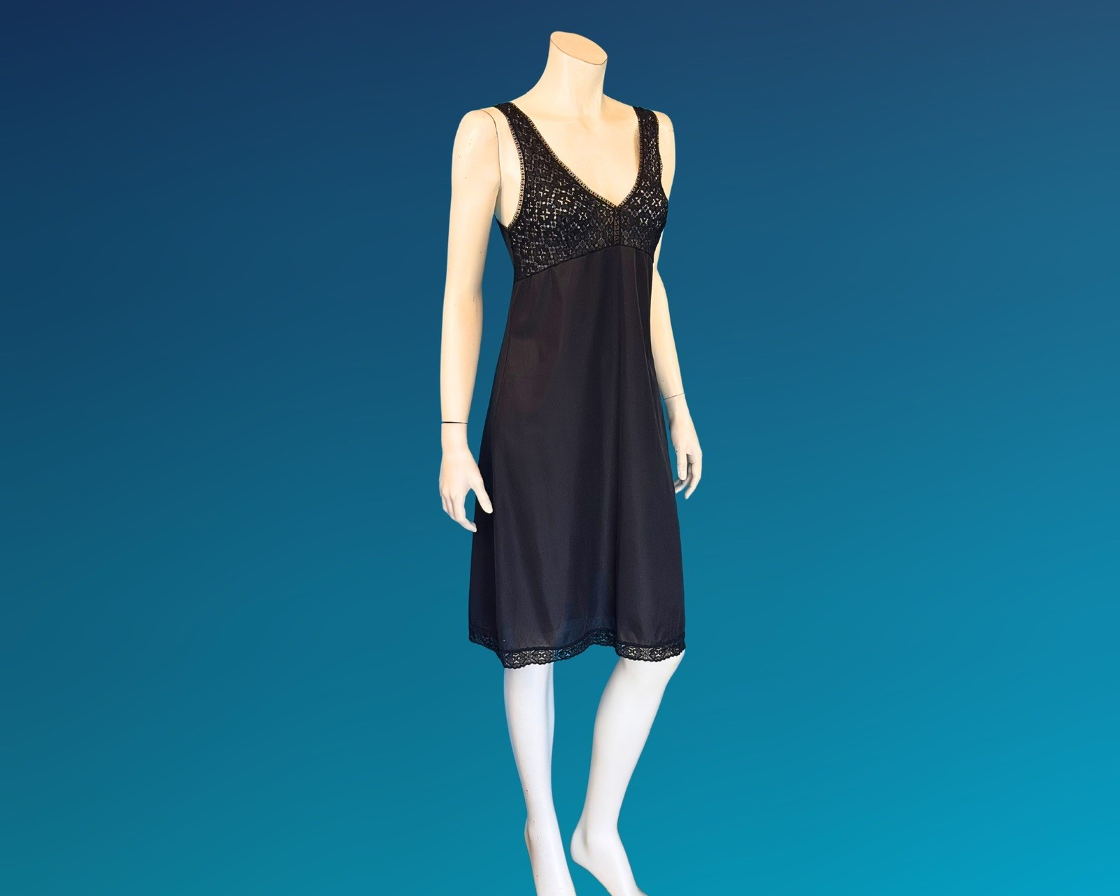 Vintage 60s 70s Black Lace Nylon Full Slip Dress | S M