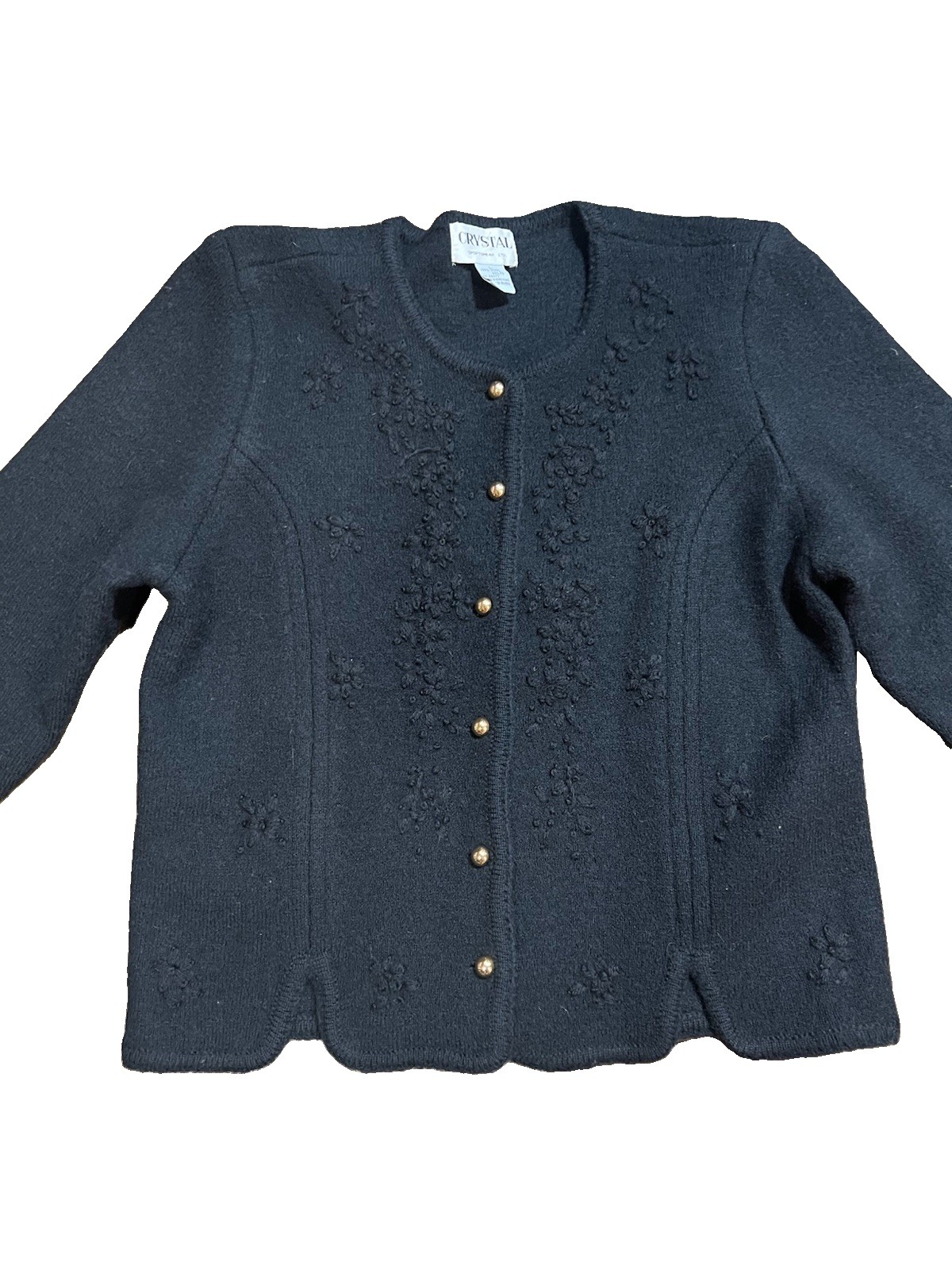 VINTAGE CRYSTAL SPORTSWEAR BLACK 100% BOILED WOOL BUTTON DOWN CARDIGAN LG