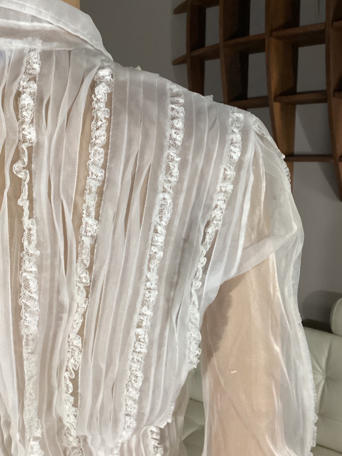 Vintage 1970’s White Sheer Nylon Prairie Farmhouse Victorian Revival BLOUSE