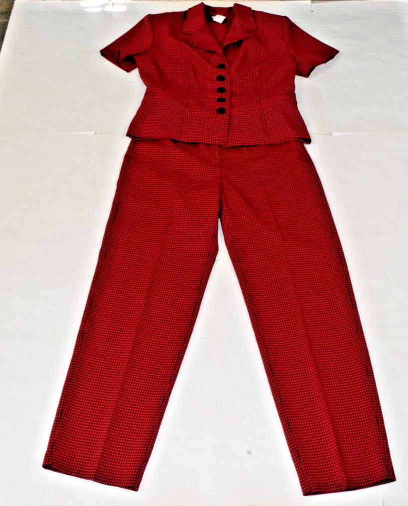 Vintage Suit Set First Option Size 6 80s Red Black Gingham Plaid Poly Made USA